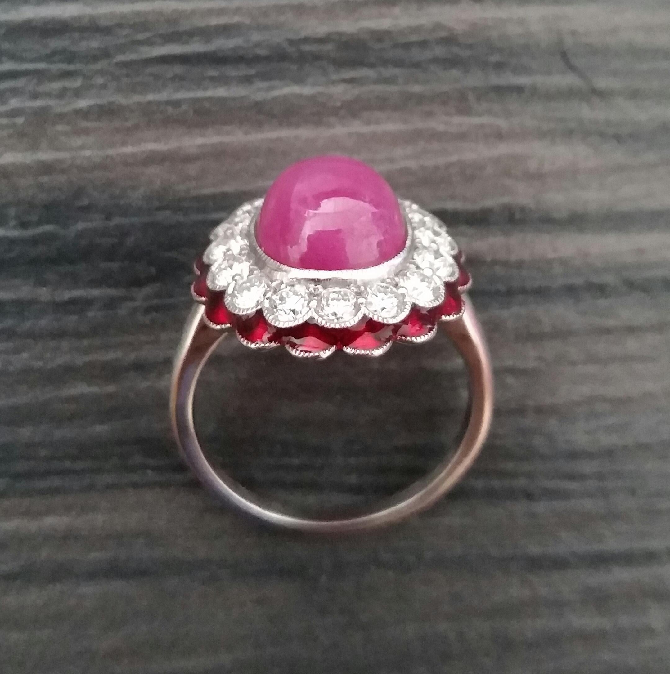 10 Carat Oval Ruby Cab 1 Carat Diamonds Red Enamel 14K White Gold Cocktail Ring For Sale 3