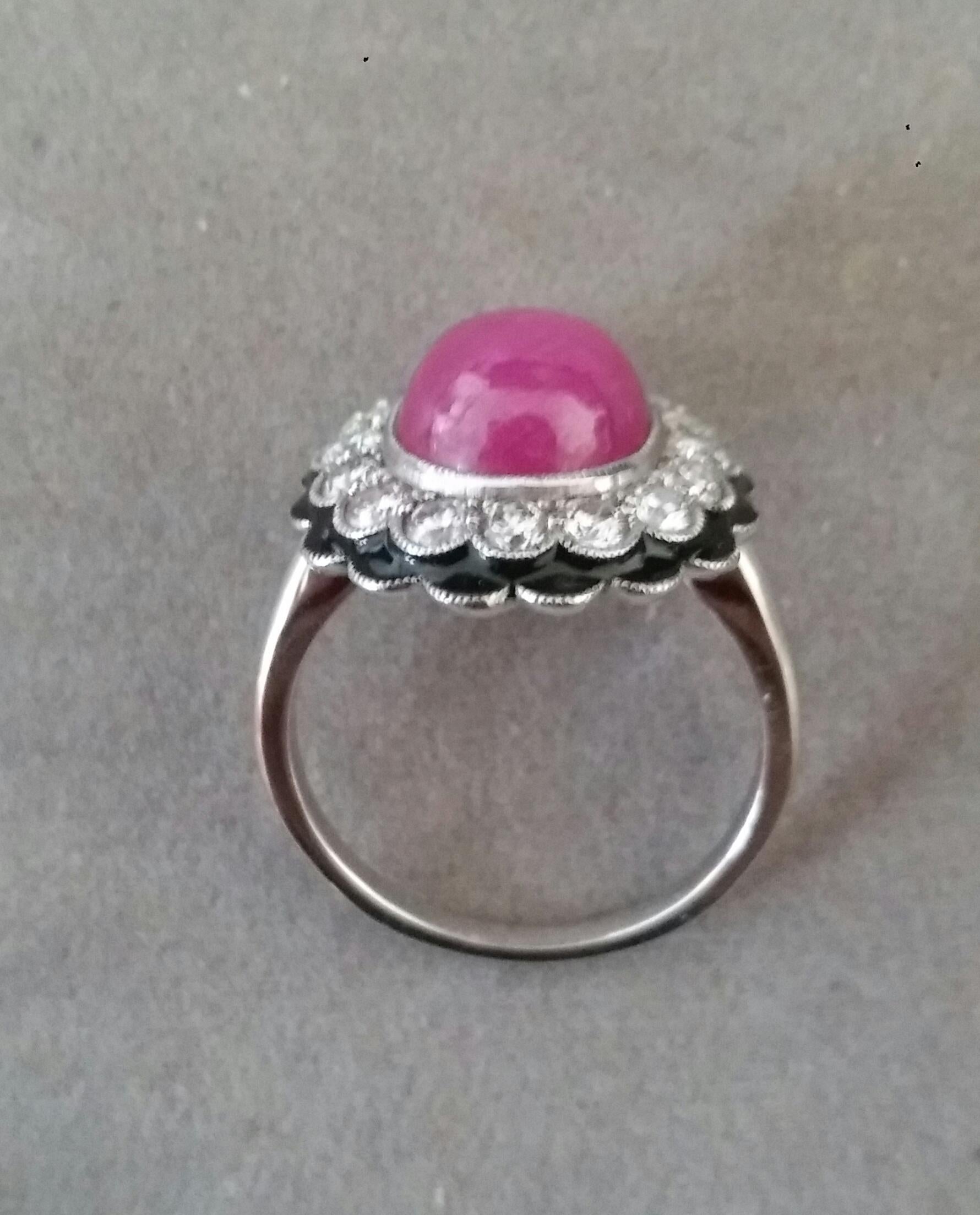 10 Carat Oval Ruby Cab 1 Carat Diamonds Red Enamel 14k White Gold Cocktail Ring For Sale 6