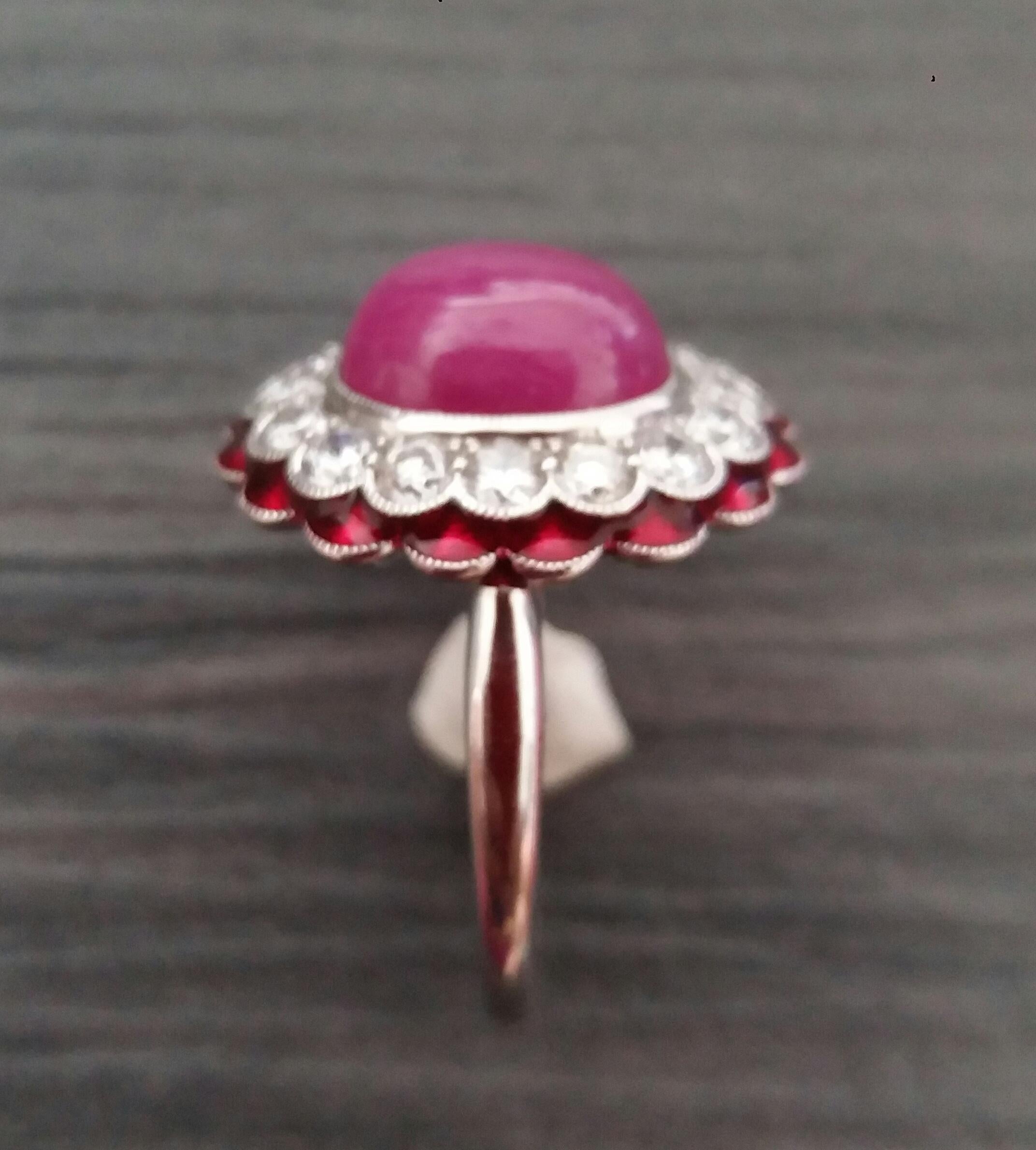 10 Carat Oval Ruby Cab 1 Carat Diamonds Red Enamel 14K White Gold Cocktail Ring For Sale 4