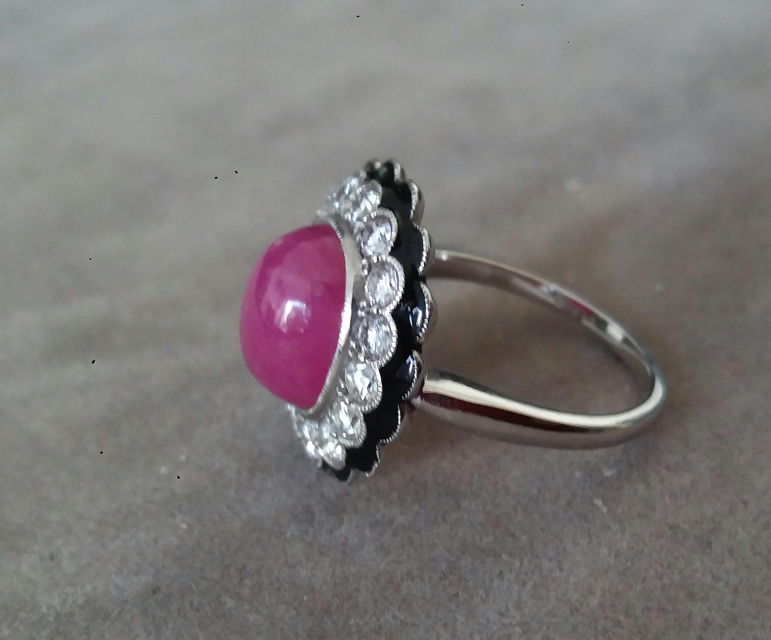 10 Carat Oval Ruby Cab 1 Carat Diamonds Red Enamel 14k White Gold Cocktail Ring For Sale 7