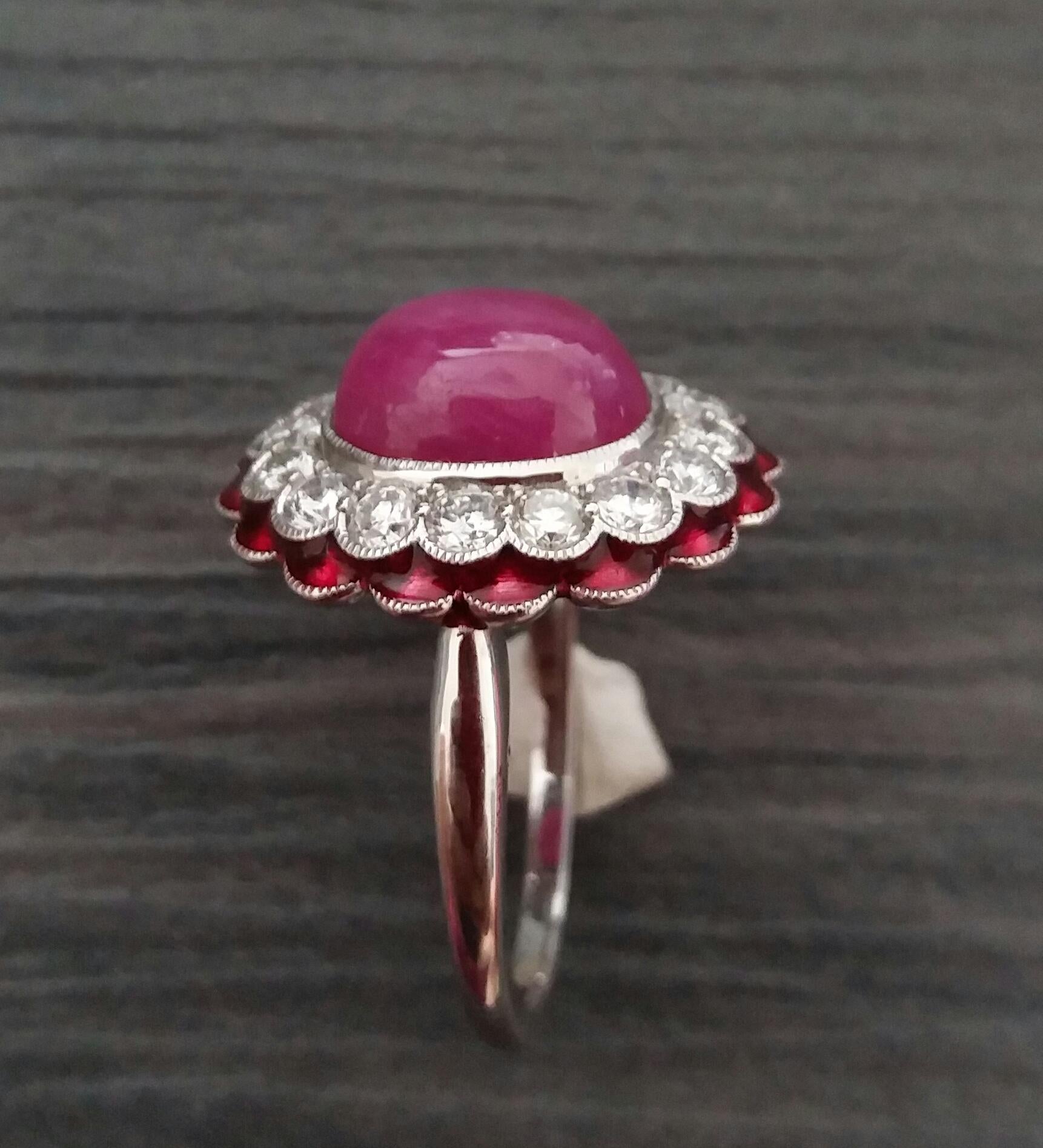 10 Carat Oval Ruby Cab 1 Carat Diamonds Red Enamel 14K White Gold Cocktail Ring For Sale 5