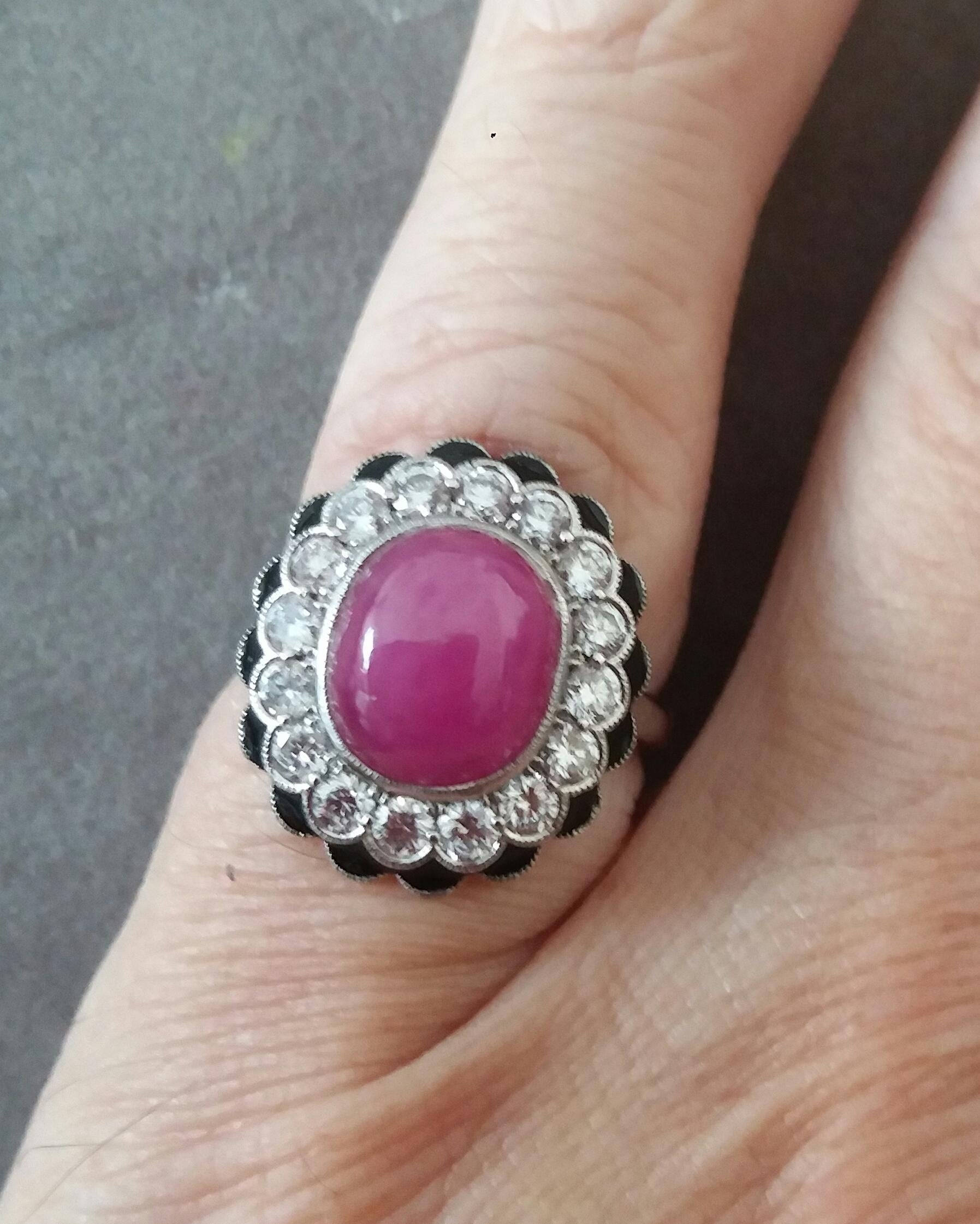 10 Carat Oval Ruby Cab 1 Carat Diamonds Red Enamel 14k White Gold Cocktail Ring For Sale 8