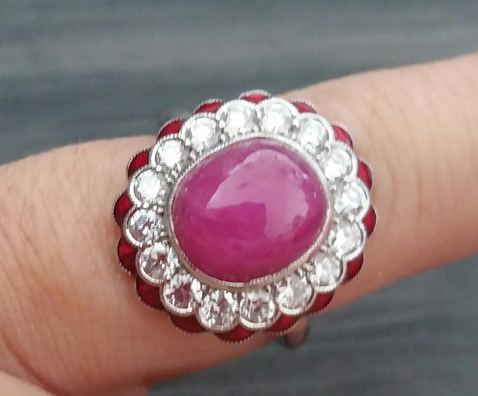 10 Carat Oval Ruby Cab 1 Carat Diamonds Red Enamel 14K White Gold Cocktail Ring For Sale 6