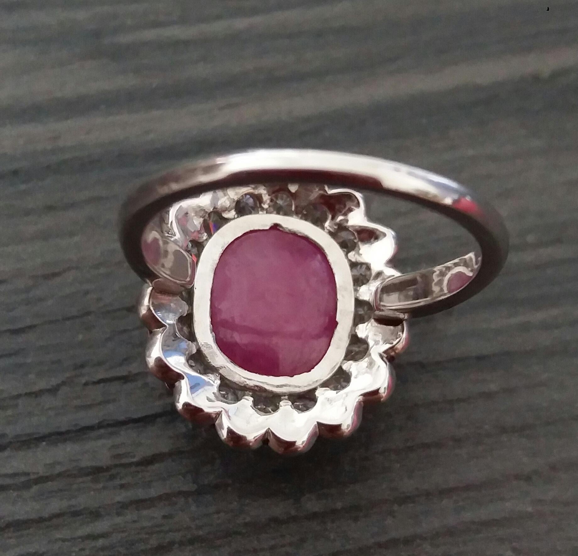 10 Carat Oval Ruby Cab 1 Carat Diamonds Red Enamel 14K White Gold Cocktail Ring For Sale 8