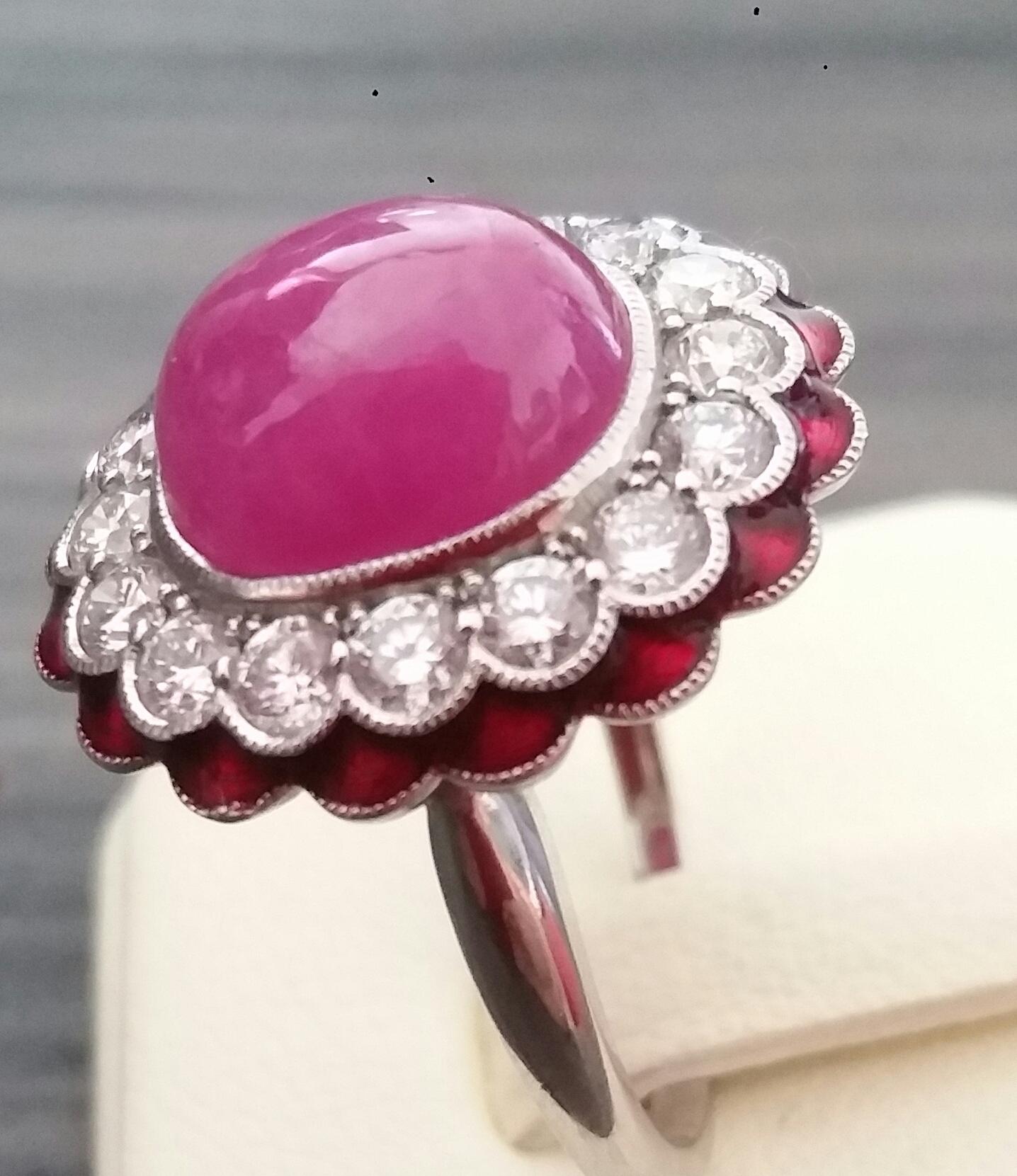 10 Carat Oval Ruby Cab 1 Carat Diamonds Red Enamel 14K White Gold Cocktail Ring For Sale 9