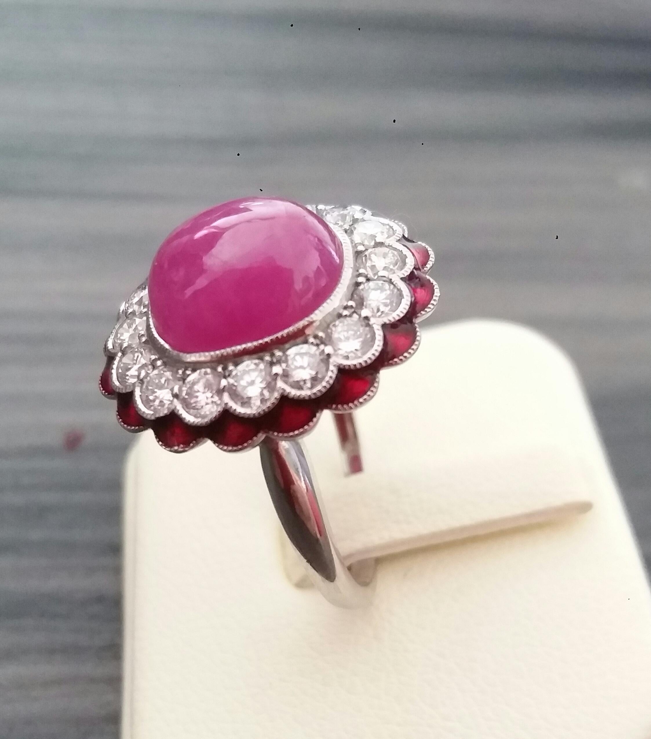10 Carat Oval Ruby Cab 1 Carat Diamonds Red Enamel 14K White Gold Cocktail Ring For Sale 10