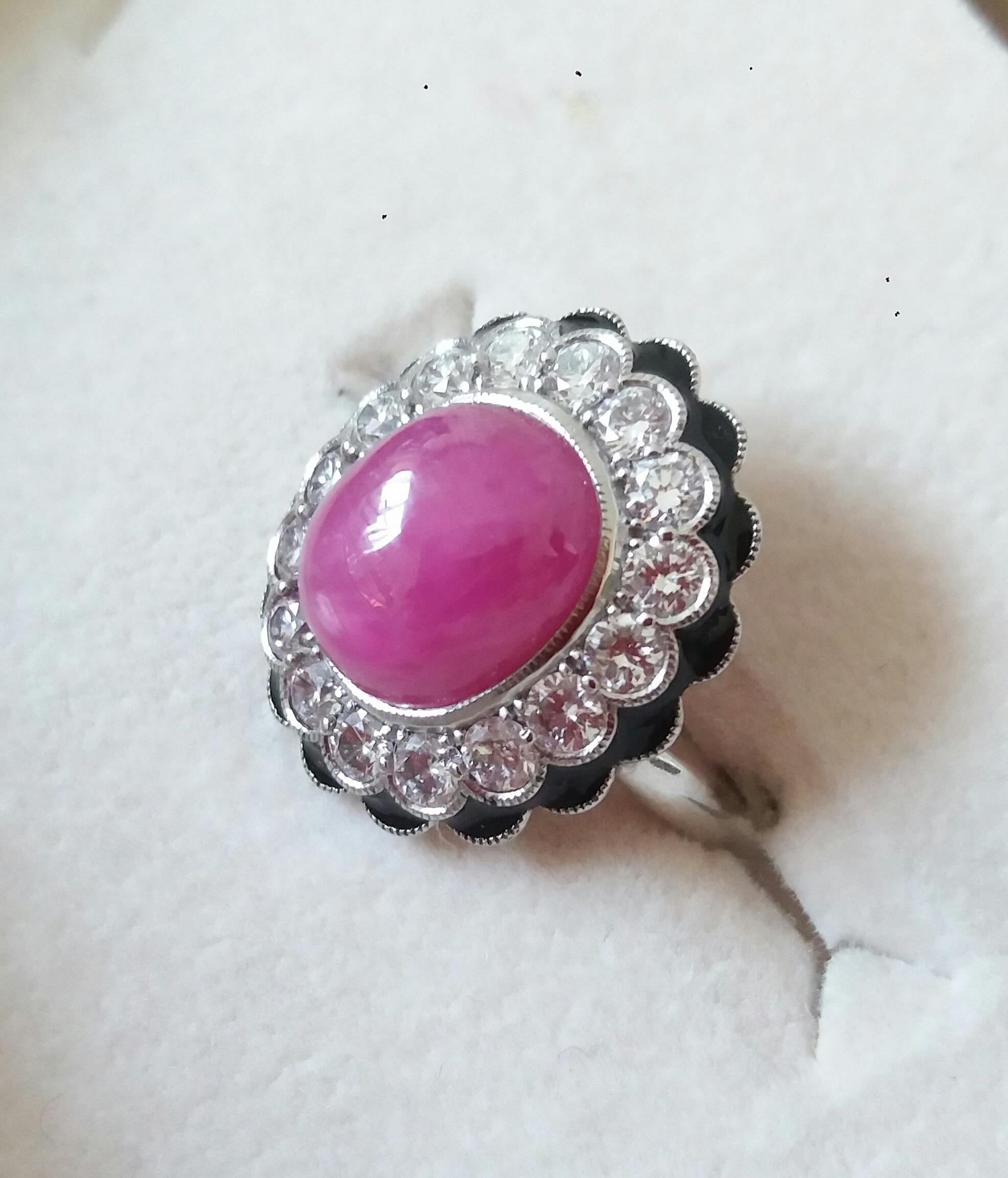 Art Deco 10 Carat Oval Ruby Cab 1 Carat Diamonds Red Enamel 14k White Gold Cocktail Ring For Sale