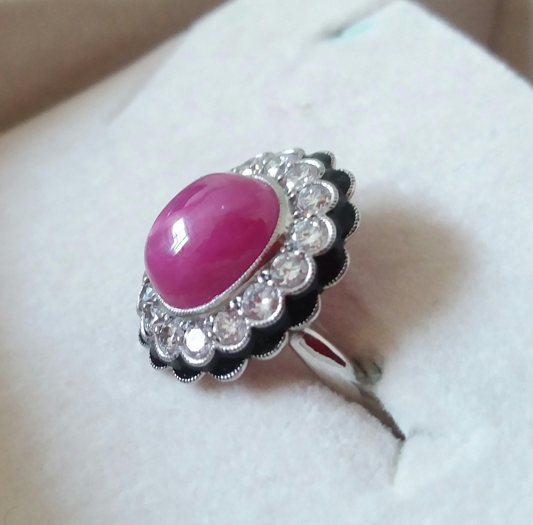 Oval Cut 10 Carat Oval Ruby Cab 1 Carat Diamonds Red Enamel 14k White Gold Cocktail Ring For Sale