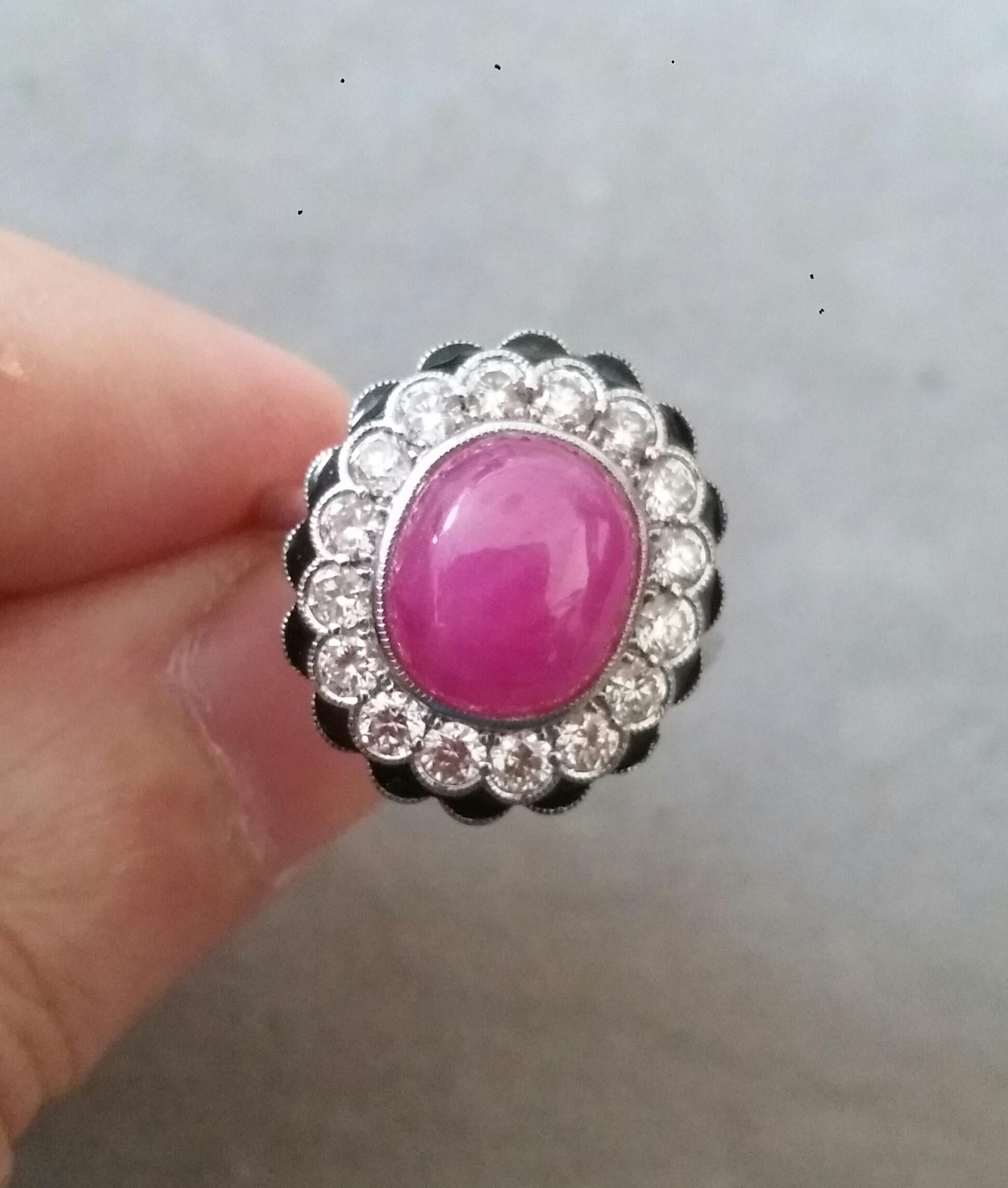 10 Carat Oval Ruby Cab 1 Carat Diamonds Red Enamel 14k White Gold Cocktail Ring In Excellent Condition For Sale In Bangkok, TH