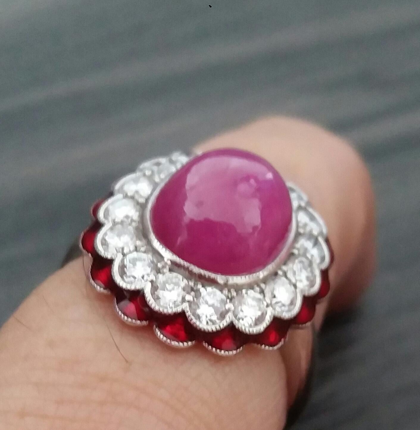 Art Deco 10 Carat Oval Ruby Cab 1 Carat Diamonds Red Enamel 14K White Gold Cocktail Ring For Sale