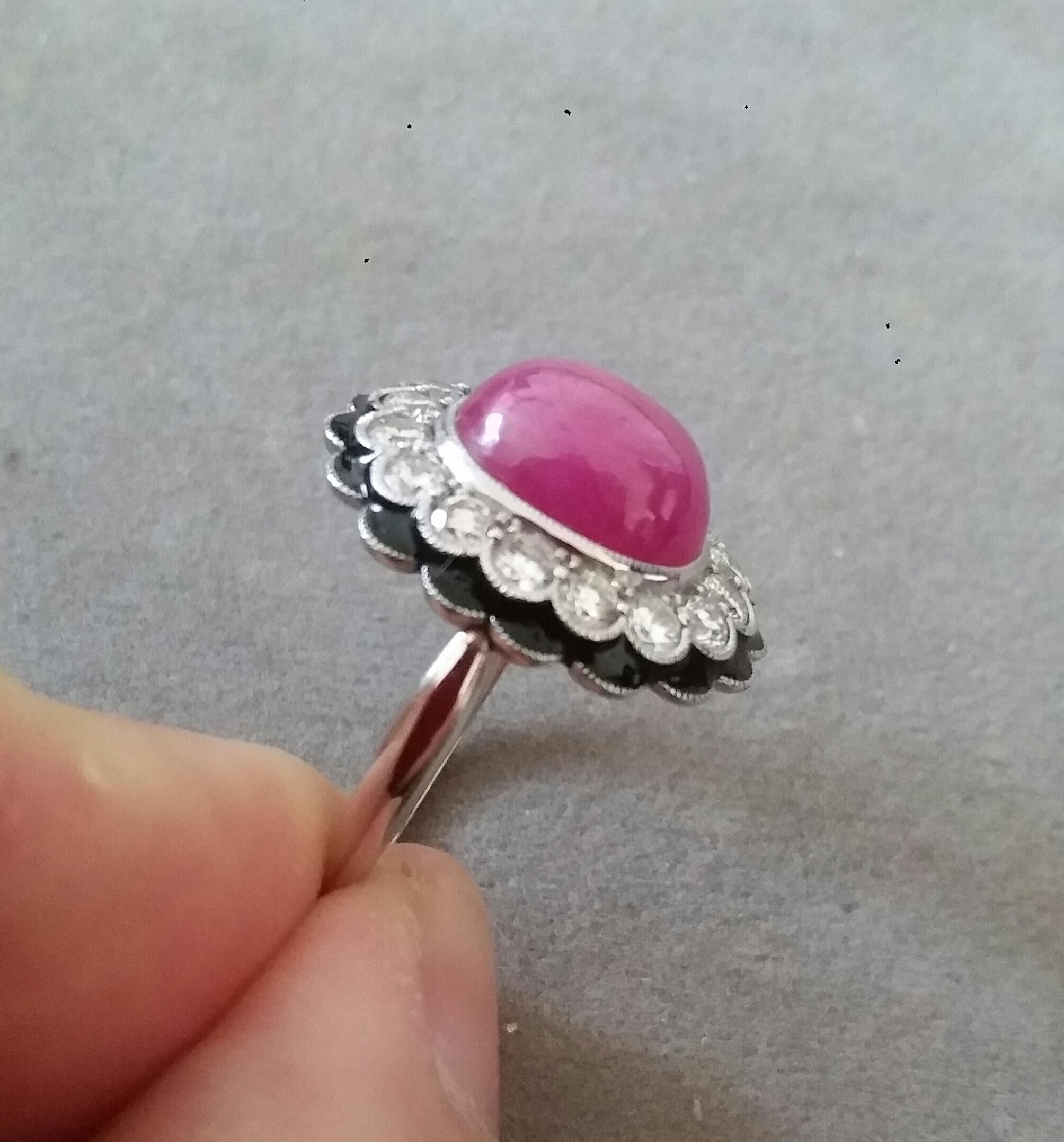 Women's 10 Carat Oval Ruby Cab 1 Carat Diamonds Red Enamel 14k White Gold Cocktail Ring For Sale