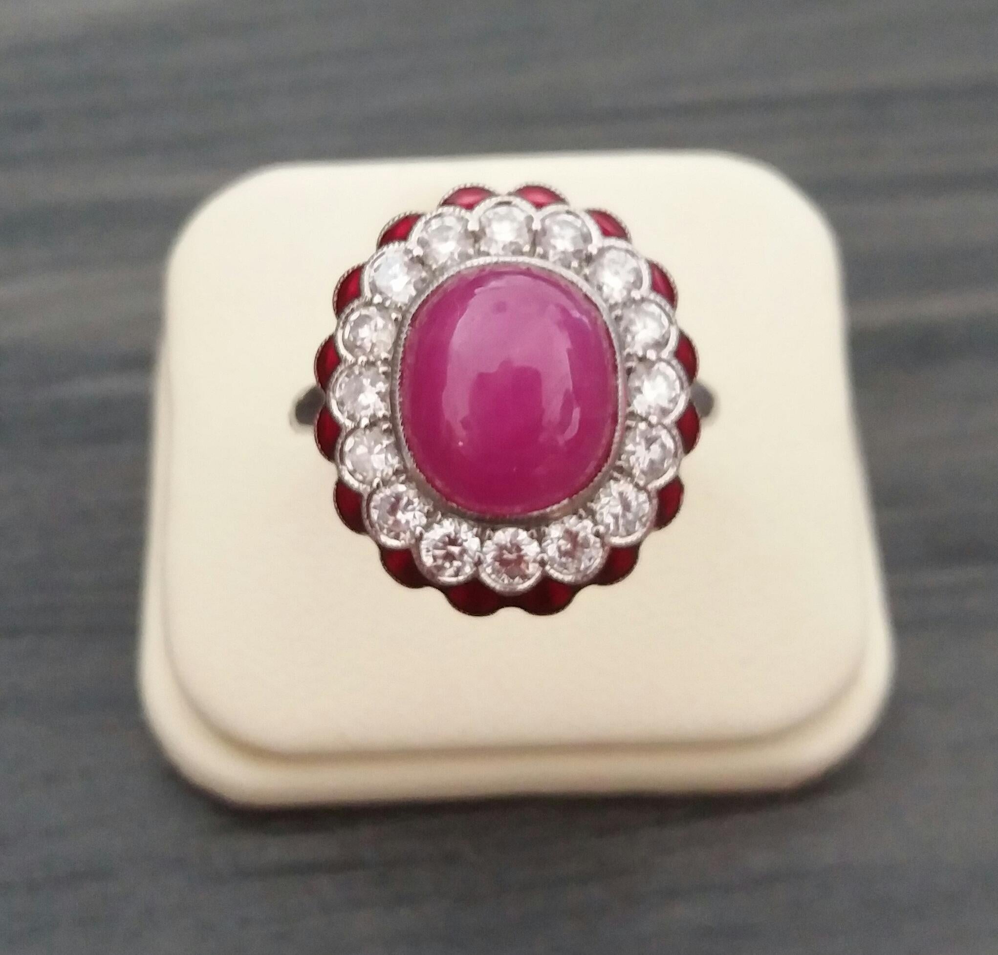 Mixed Cut 10 Carat Oval Ruby Cab 1 Carat Diamonds Red Enamel 14K White Gold Cocktail Ring For Sale