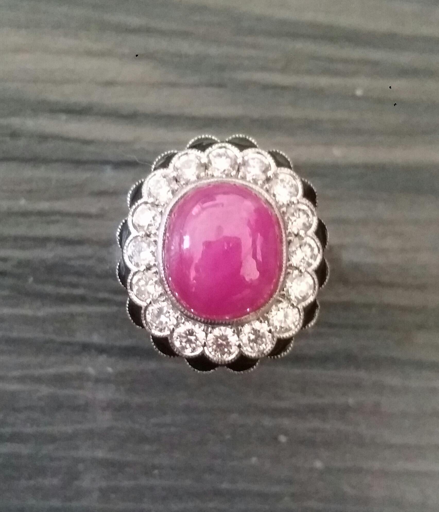 10 Carat Oval Ruby Cab 1 Carat Diamonds Red Enamel 14k White Gold Cocktail Ring For Sale 1