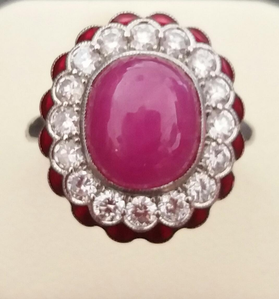 10 Carat Oval Ruby Cab 1 Carat Diamonds Red Enamel 14K White Gold Cocktail Ring In Good Condition For Sale In Bangkok, TH