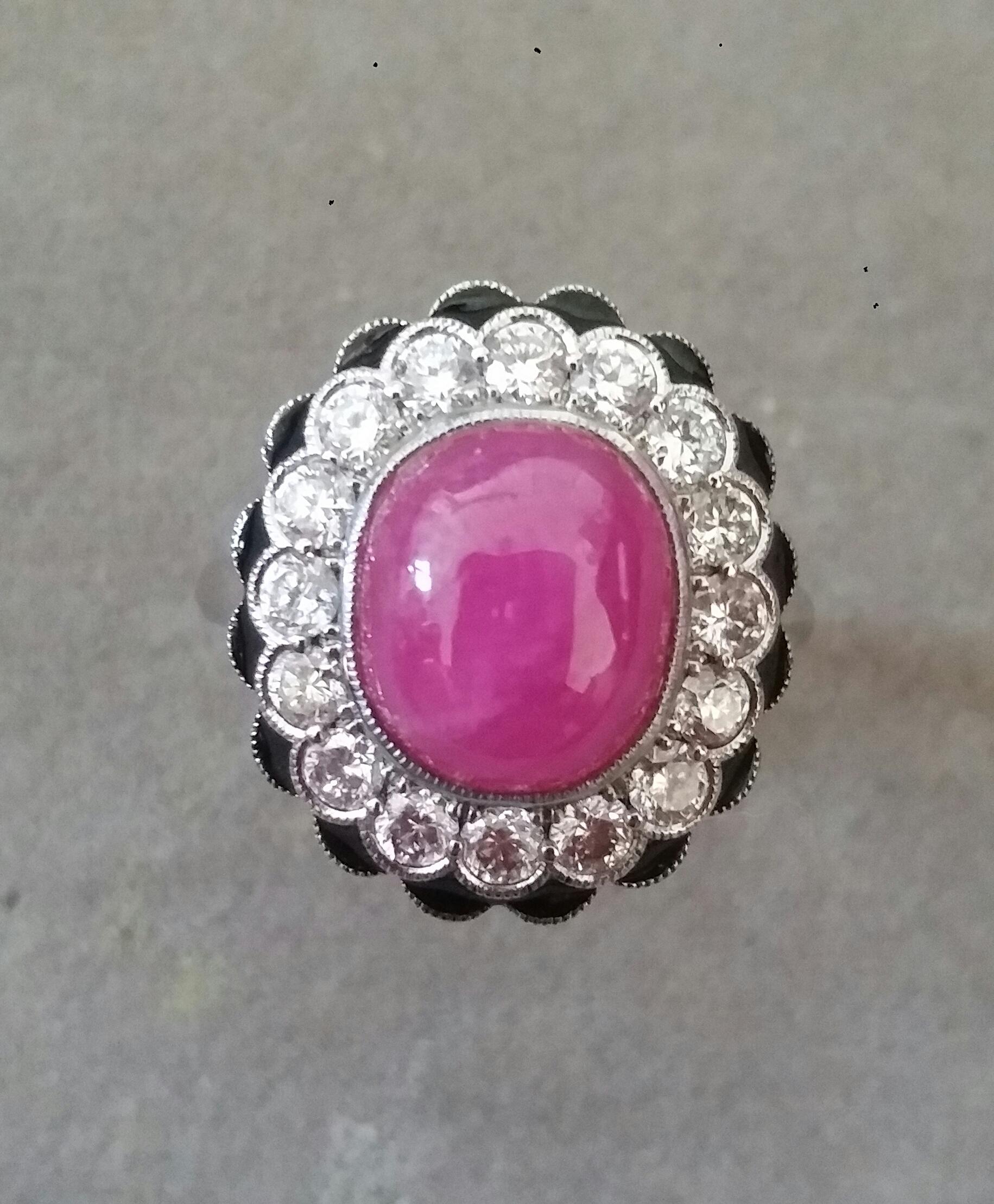 10 Carat Oval Ruby Cab 1 Carat Diamonds Red Enamel 14k White Gold Cocktail Ring For Sale 2