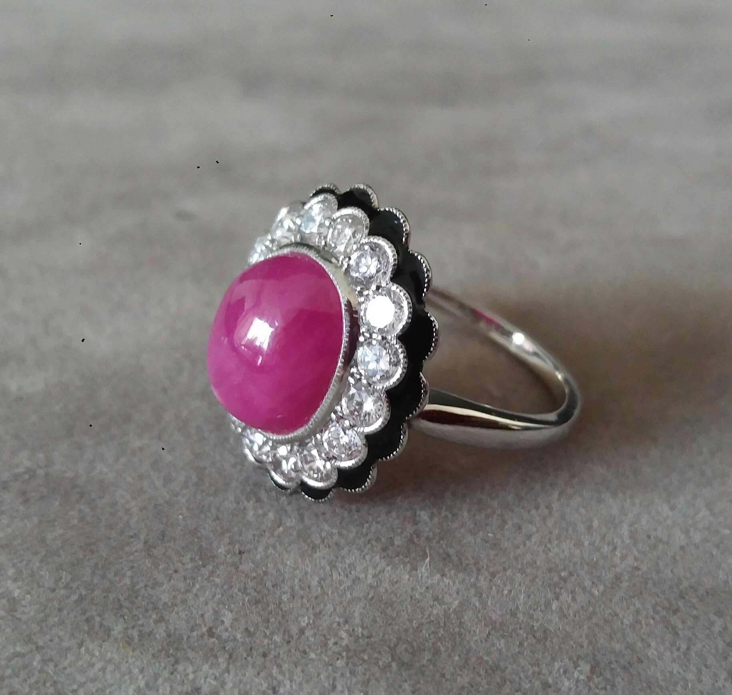 10 Carat Oval Ruby Cab 1 Carat Diamonds Red Enamel 14k White Gold Cocktail Ring For Sale 3