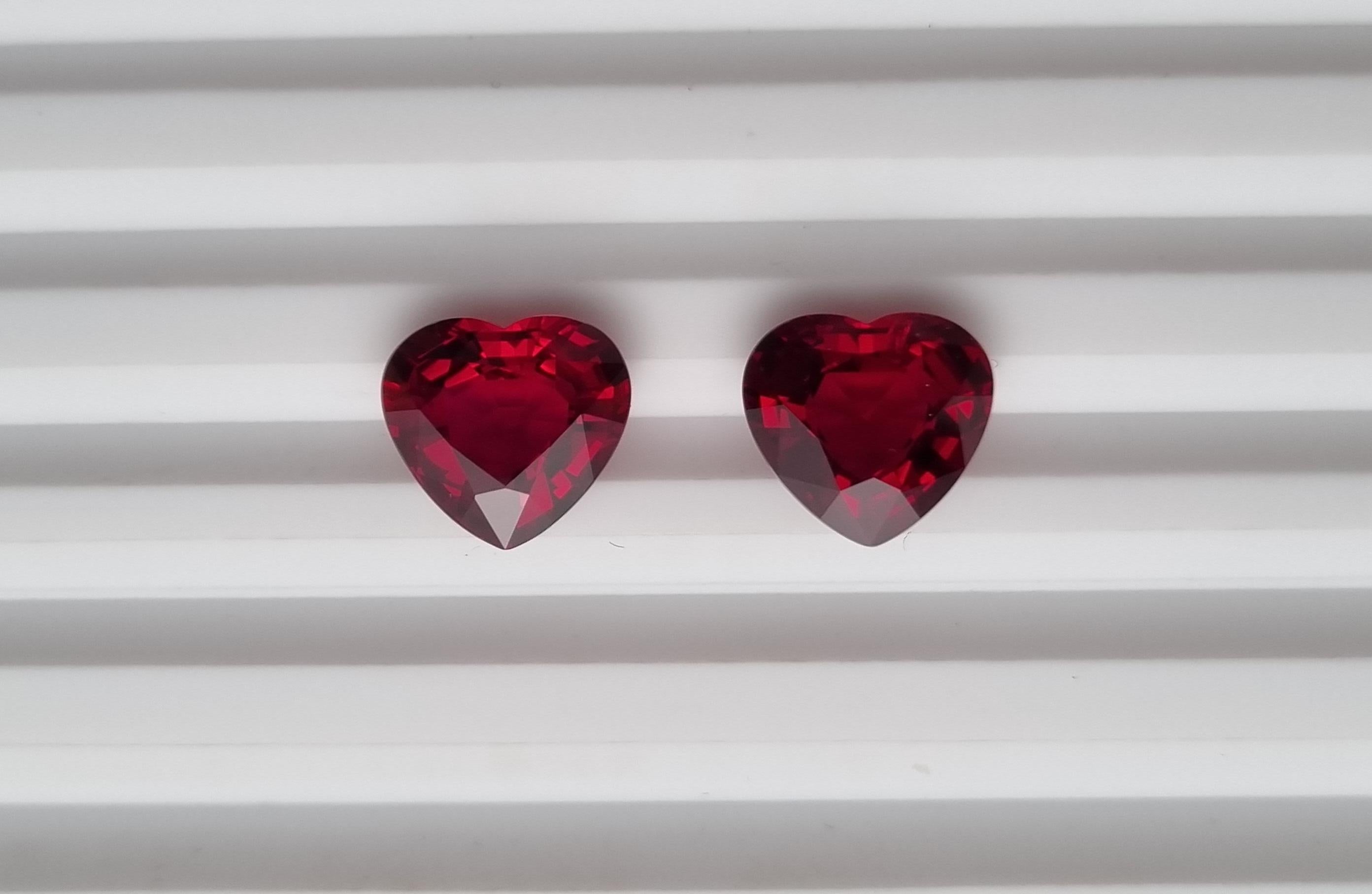 Heart Cut 10 carat Pair of Heartshape Pigeons Blood Rubies For Sale