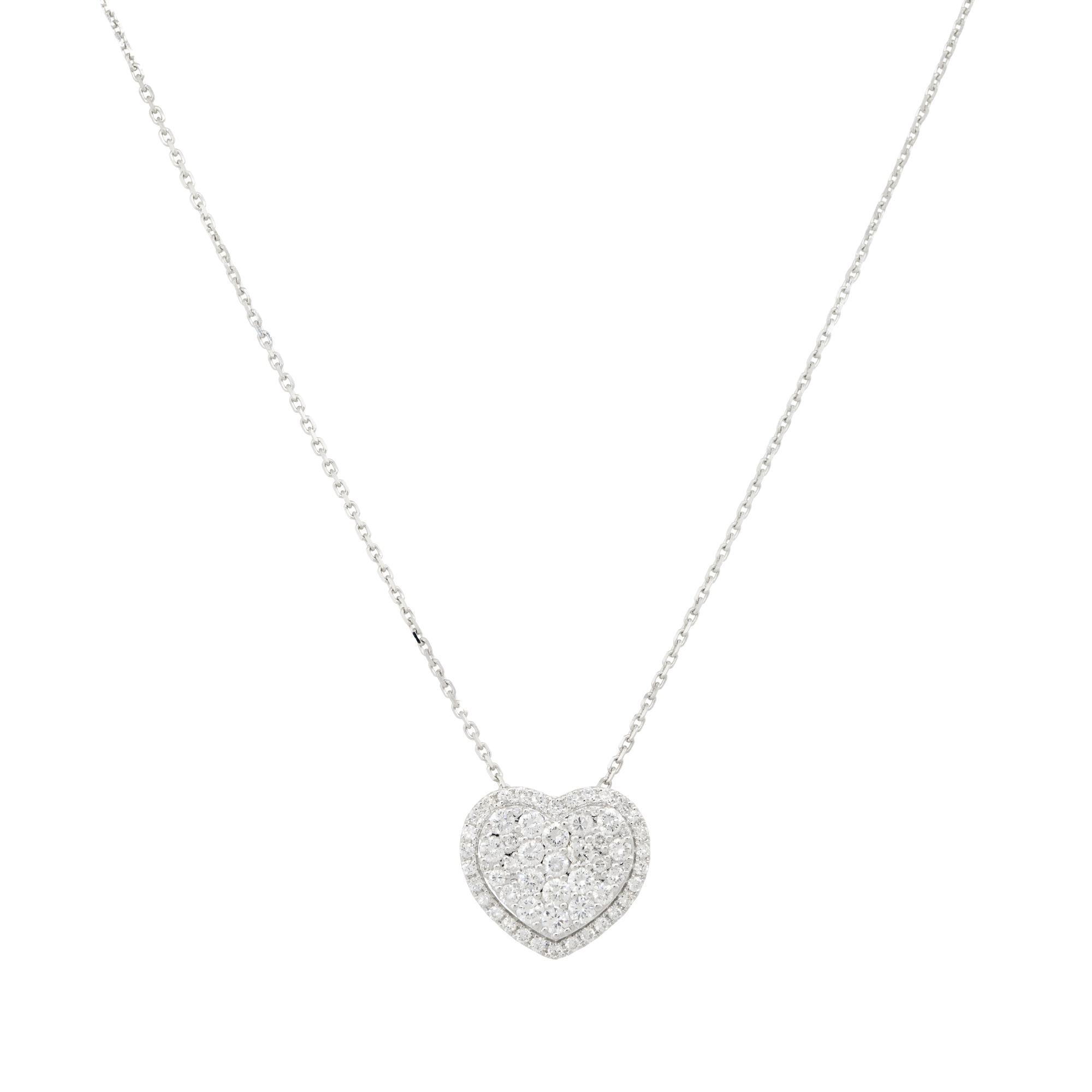 18k White Gold 1.0ctw Pave Diamond Heart Necklace
Material: 18k White Gold
Diamond Details: Approximately 1.0ctw of Round Brilliant Diamonds. There are 60 stones total
Necklace Length: Necklace measures 18
