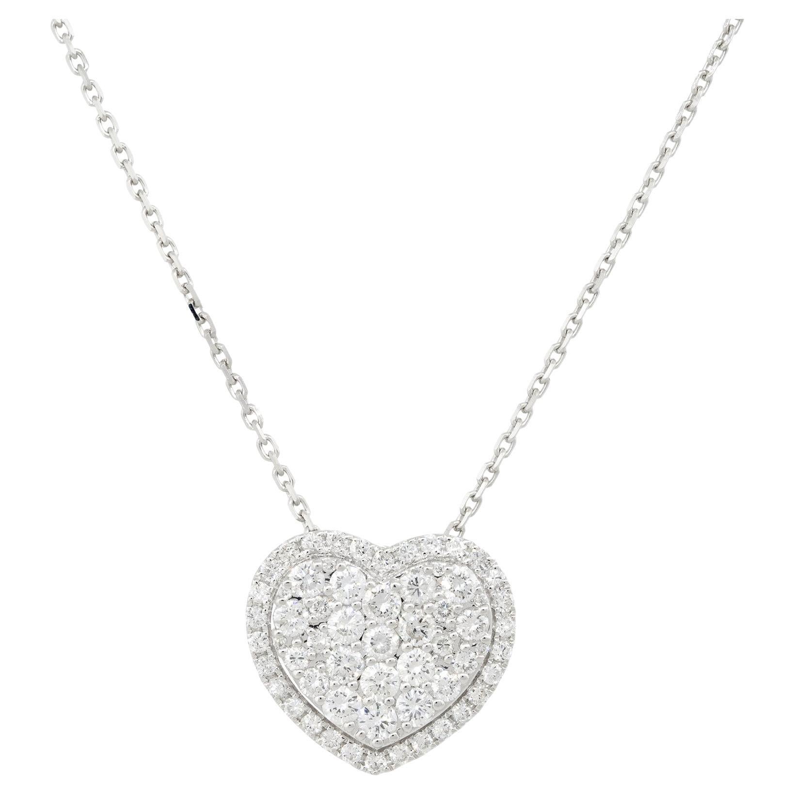 1.0 Carat Pave Diamond Heart Necklace 18 Karat in Stock For Sale