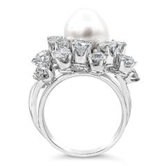 10 MM Pearl & Round Cut Diamond Cluster Cocktail Ring in Platinum