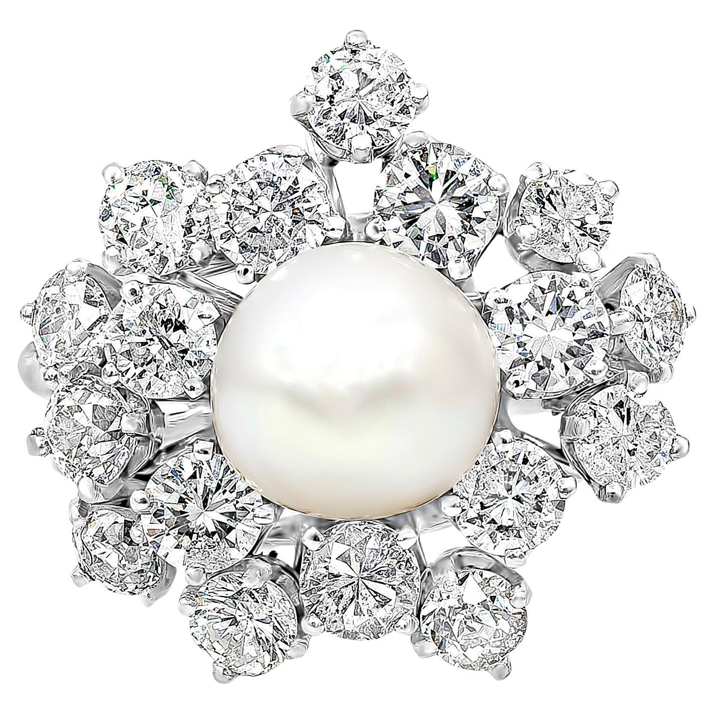 10 MM Pearl & Round Cut Diamond Cluster Cocktail Ring in Platinum For Sale