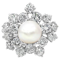 Vintage 10 Carat Pearl Cocktail Ring with Brilliant Round Diamonds in Platinum