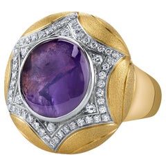10 Carat Purple Star Sapphire and Diamond Pave in 18k Yellow Gold Handmade Ring