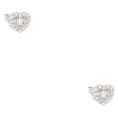 1.0 Carat Round Brilliant/Baguette Diamond Heart Stud Earrings 18 Karat in Stock