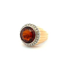 10 Carat Round Madera Dark Citrine and Diamond Gold Fluted Vintage Ring
