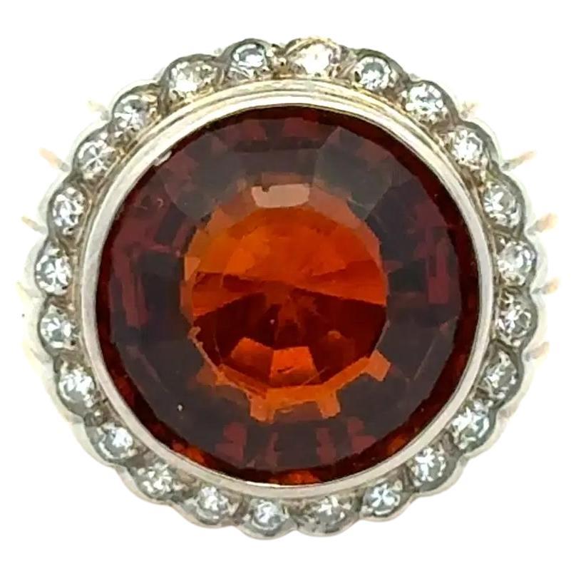 10 Carat Round Madera Dark Citrine and Diamond Gold Fluted Vintage Ring For Sale