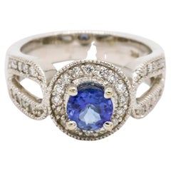 1.0 Carat Round Tanzanite 0.50 Carat Diamond 14 Karat White Gold Fine Halo Ring