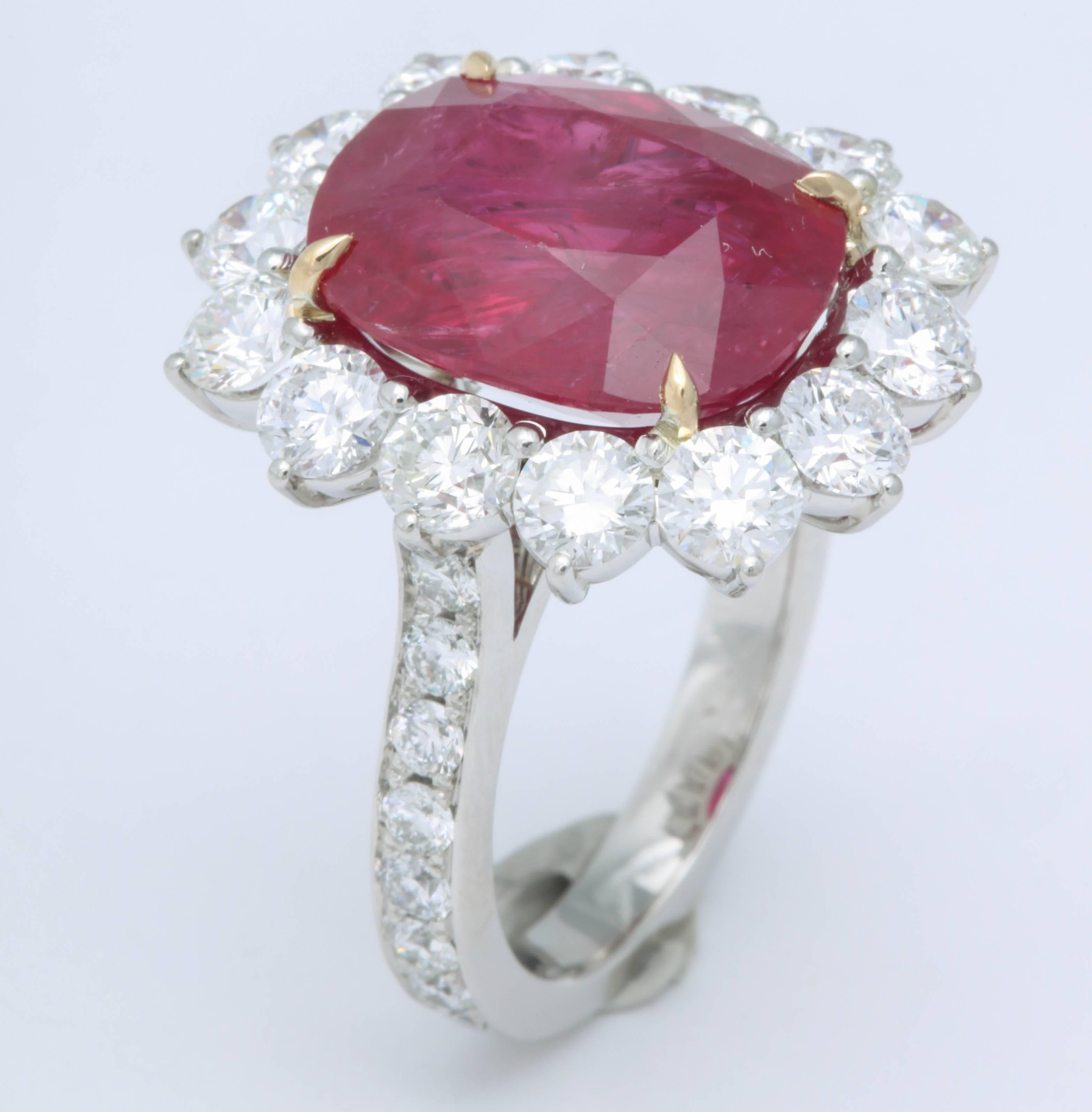 Cushion Cut 10 Carat Ruby and Diamond Cocktail Ring For Sale