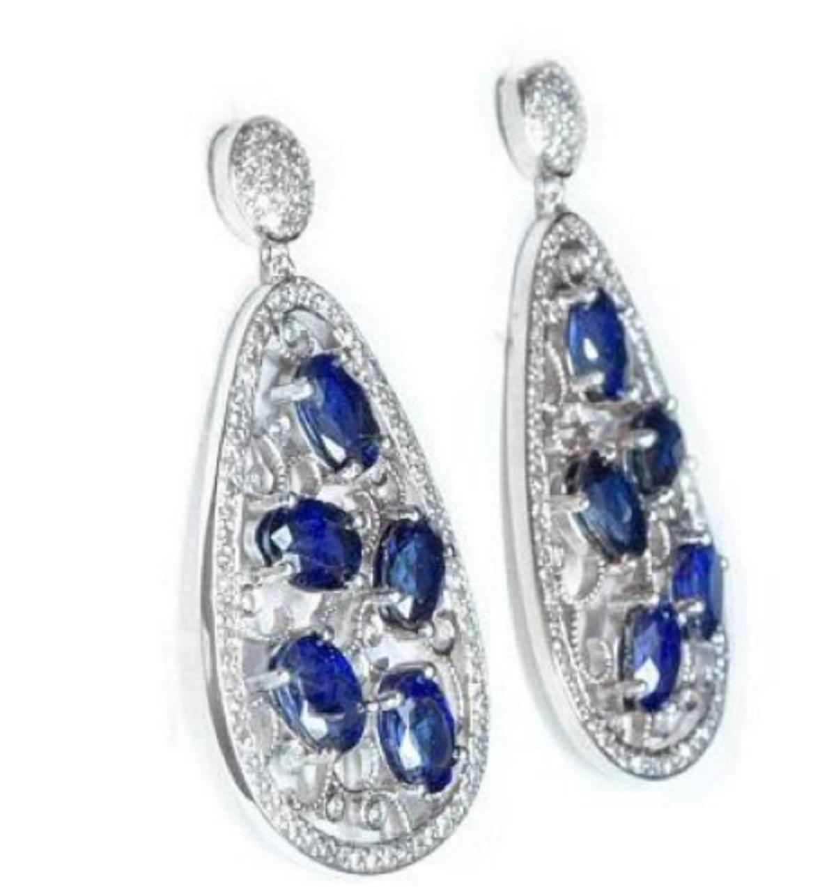 Oval Cut 10 Carat Sapphire Dangle Diamond Art Deco Earrings