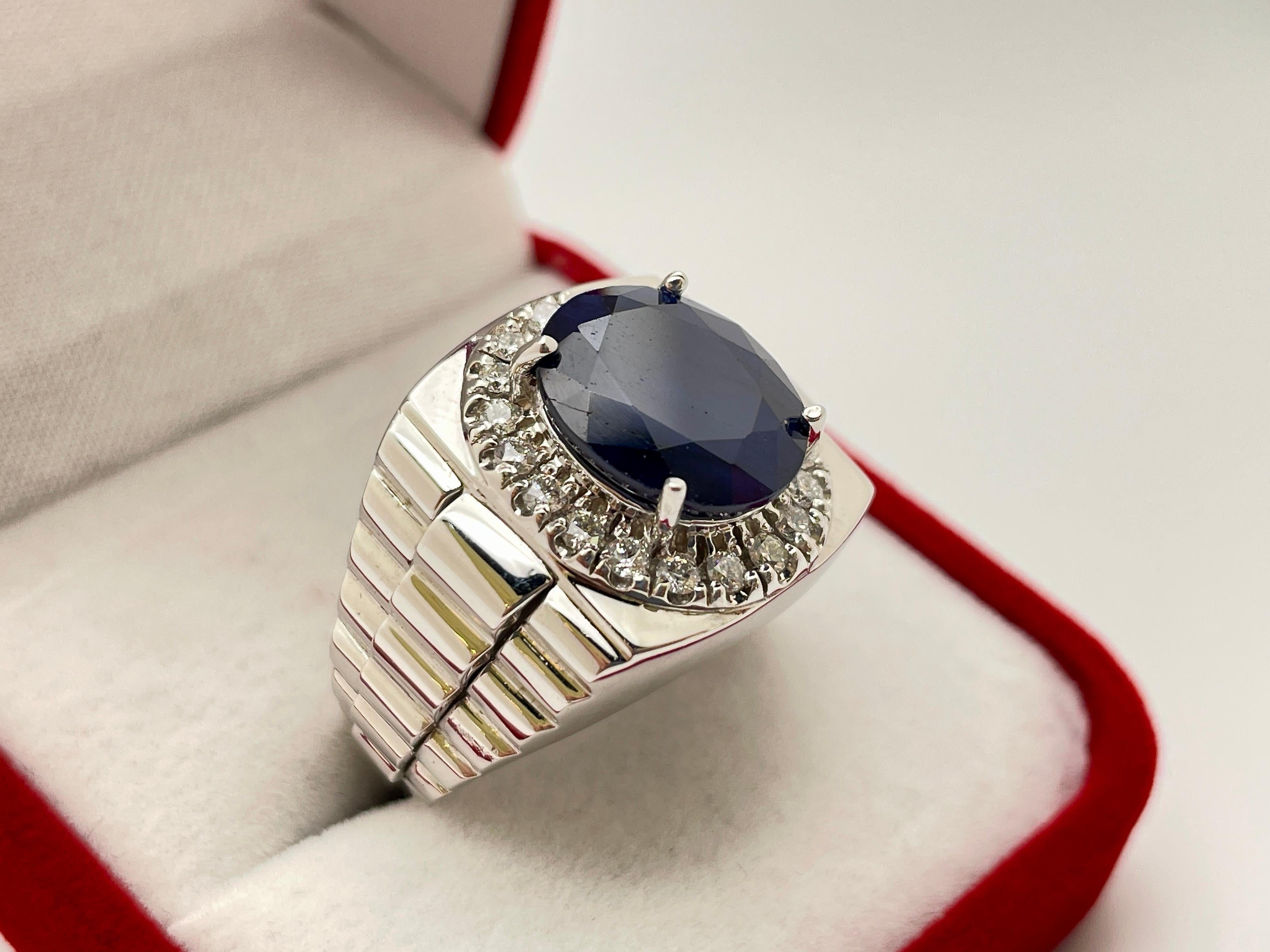 10 Carat Sapphire Diamond 14K White Gold Mens Ring For Sale 5