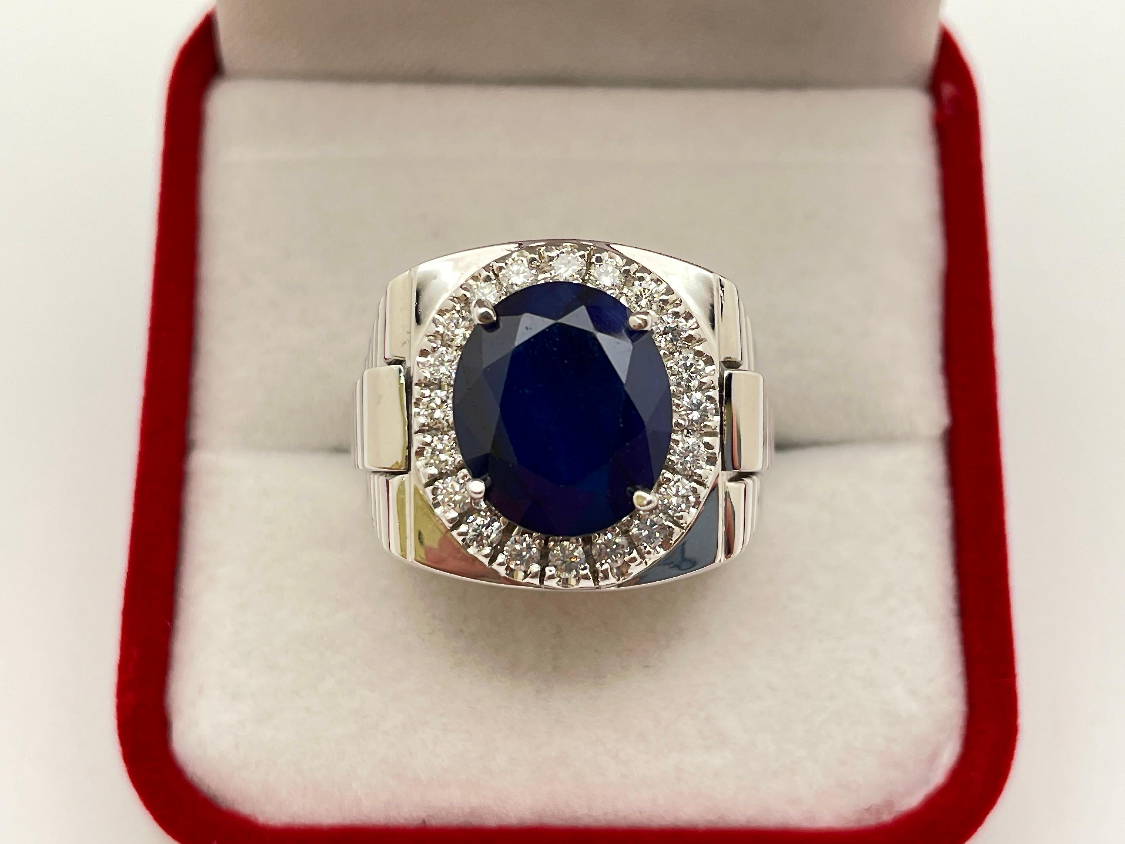10 Carat Sapphire Diamond 14K White Gold Mens Ring For Sale 6