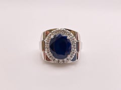 10 Carat Sapphire Diamond 14K White Gold Mens Ring