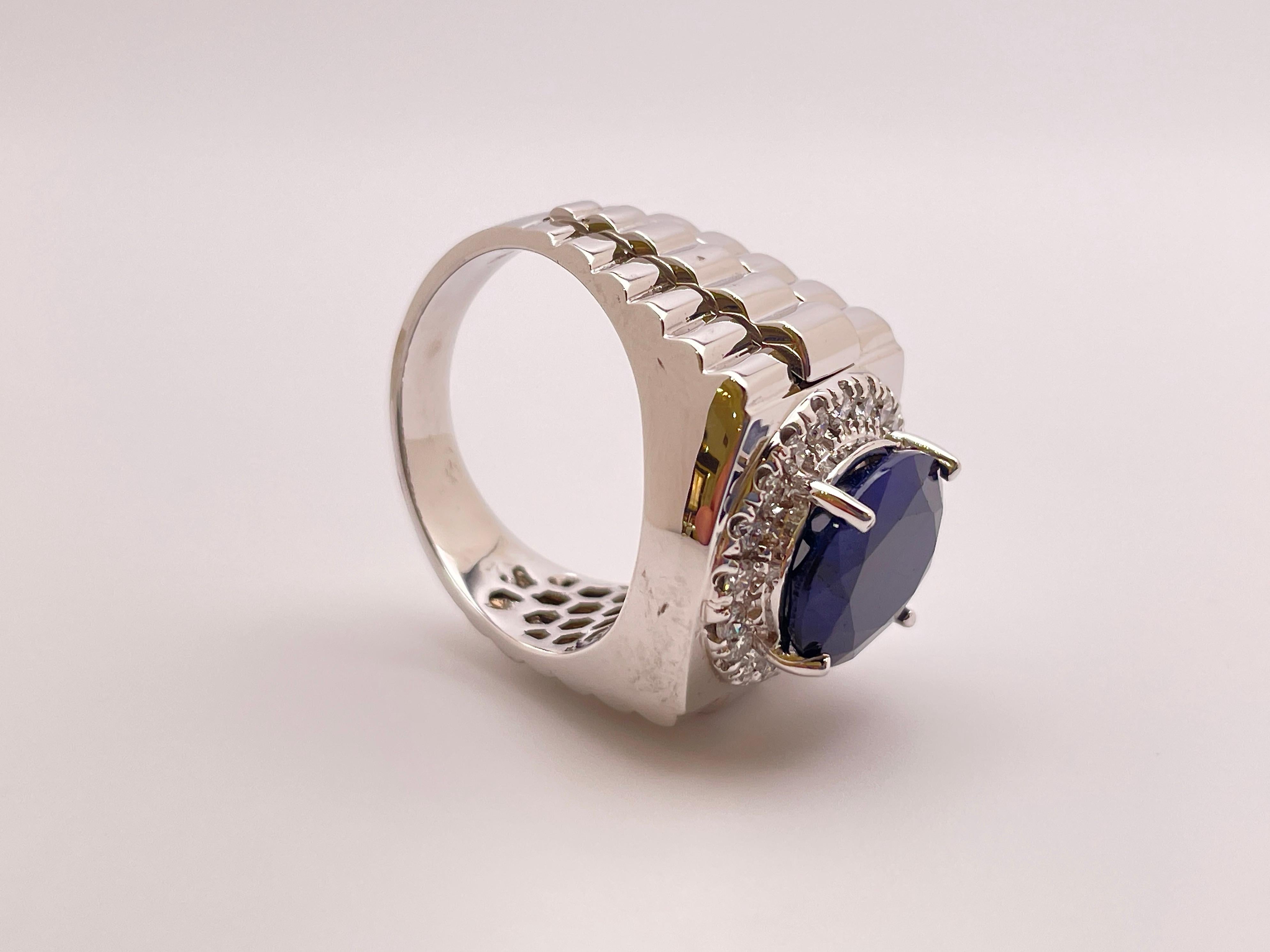 10 Carat Sapphire Diamond 14K White Gold Mens Ring In Good Condition For Sale In Westport, CT