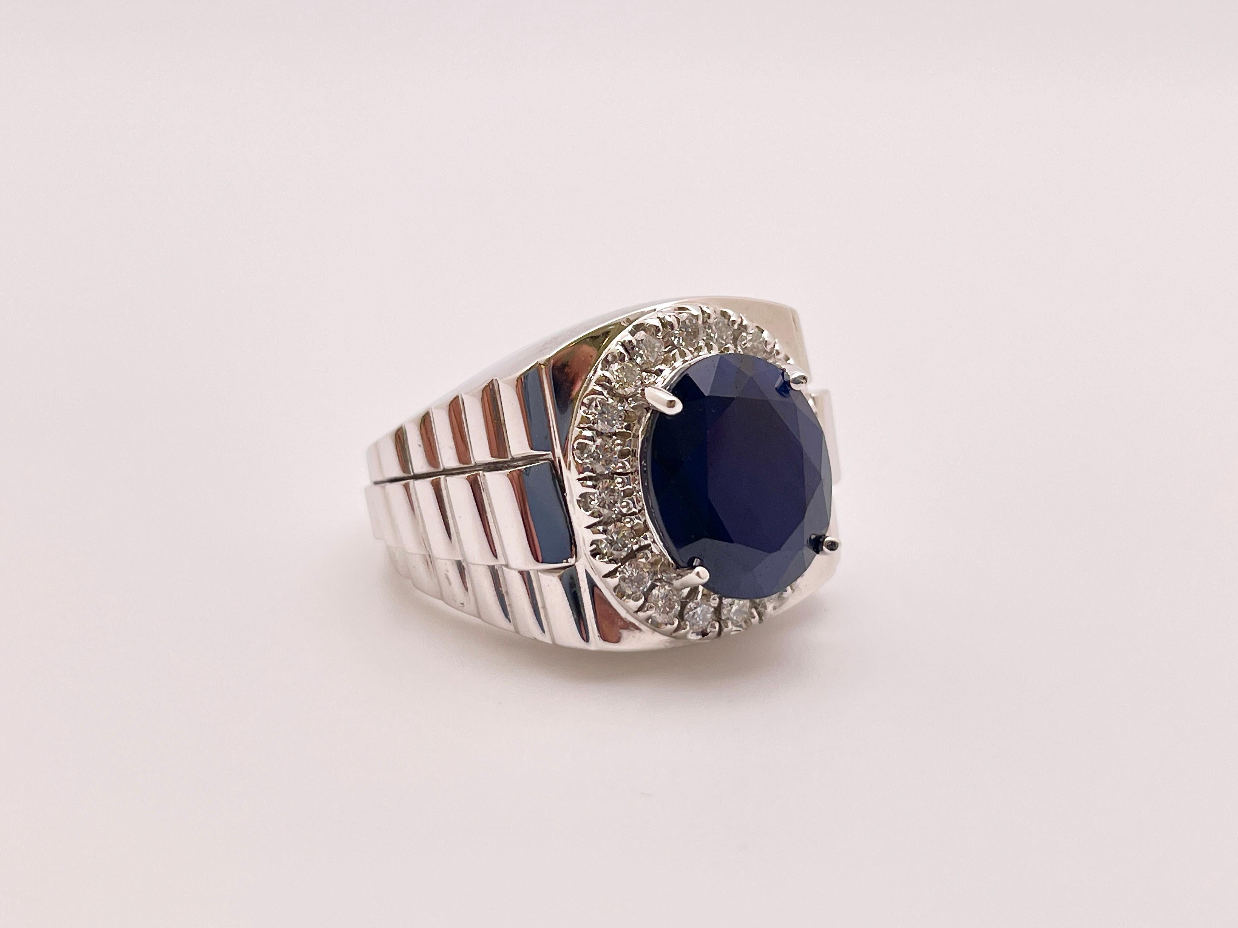 10 Carat Sapphire Diamond 14K White Gold Mens Ring For Sale 1