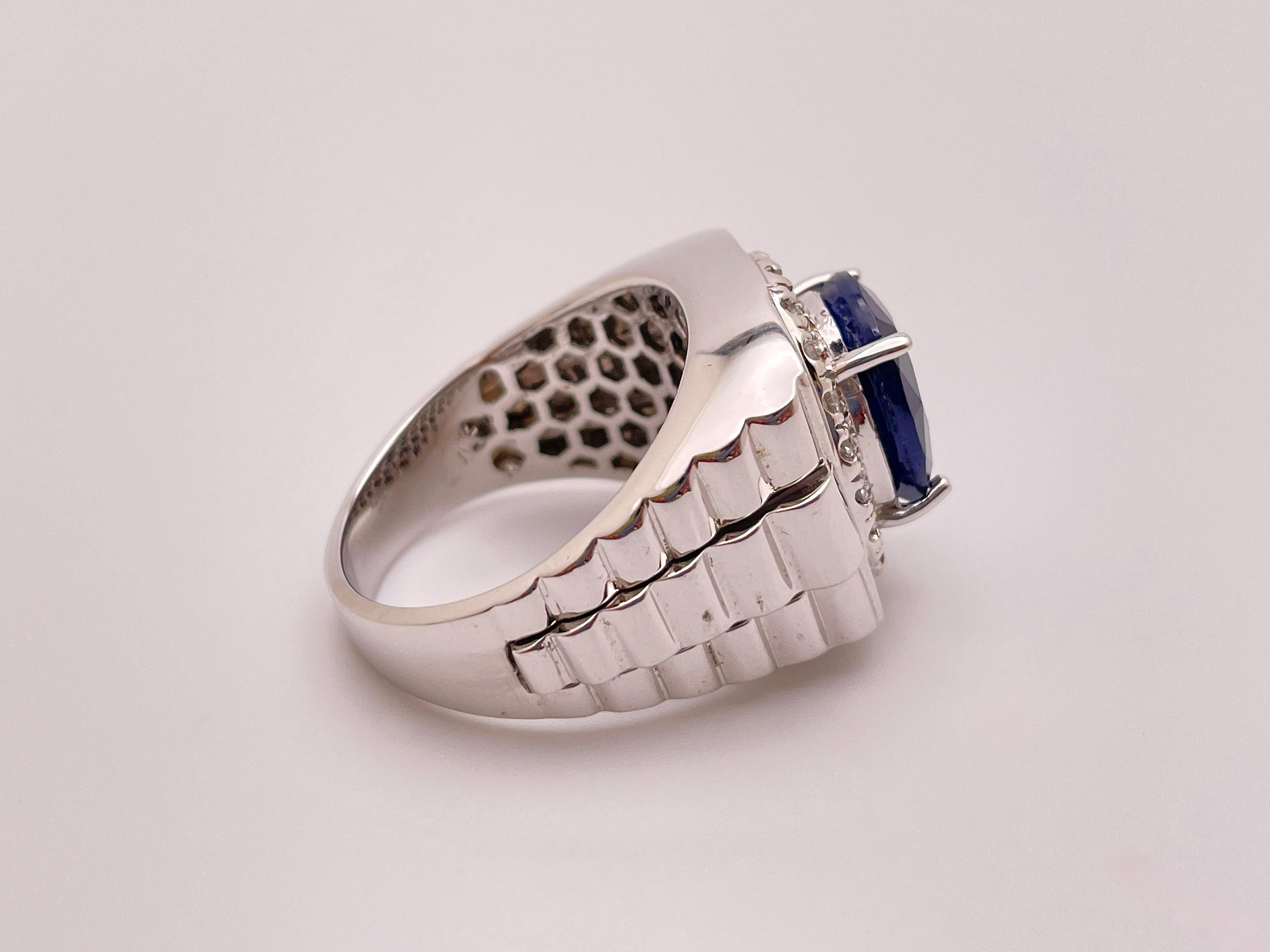 10 Carat Sapphire Diamond 14K White Gold Mens Ring For Sale 2