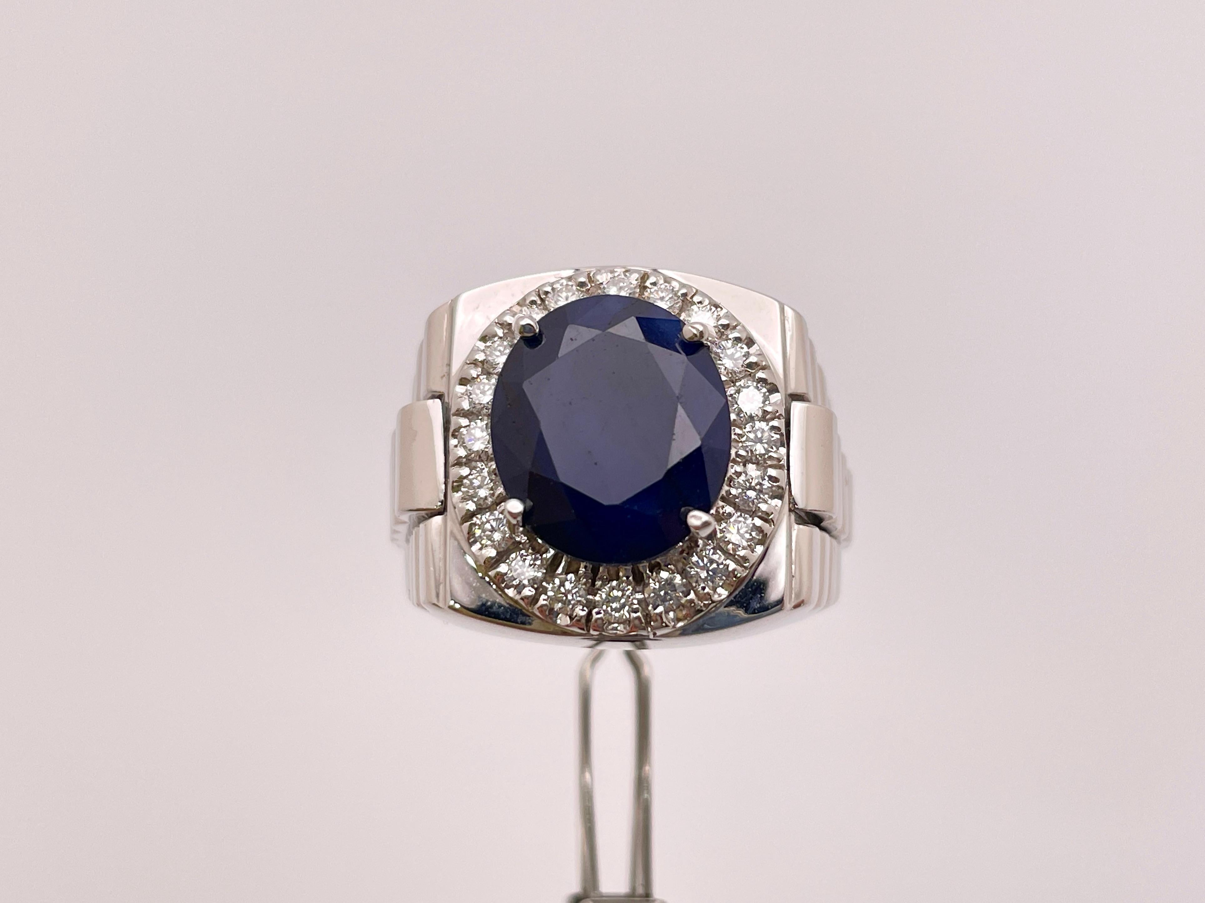 10 Carat Sapphire Diamond 14K White Gold Mens Ring For Sale 3