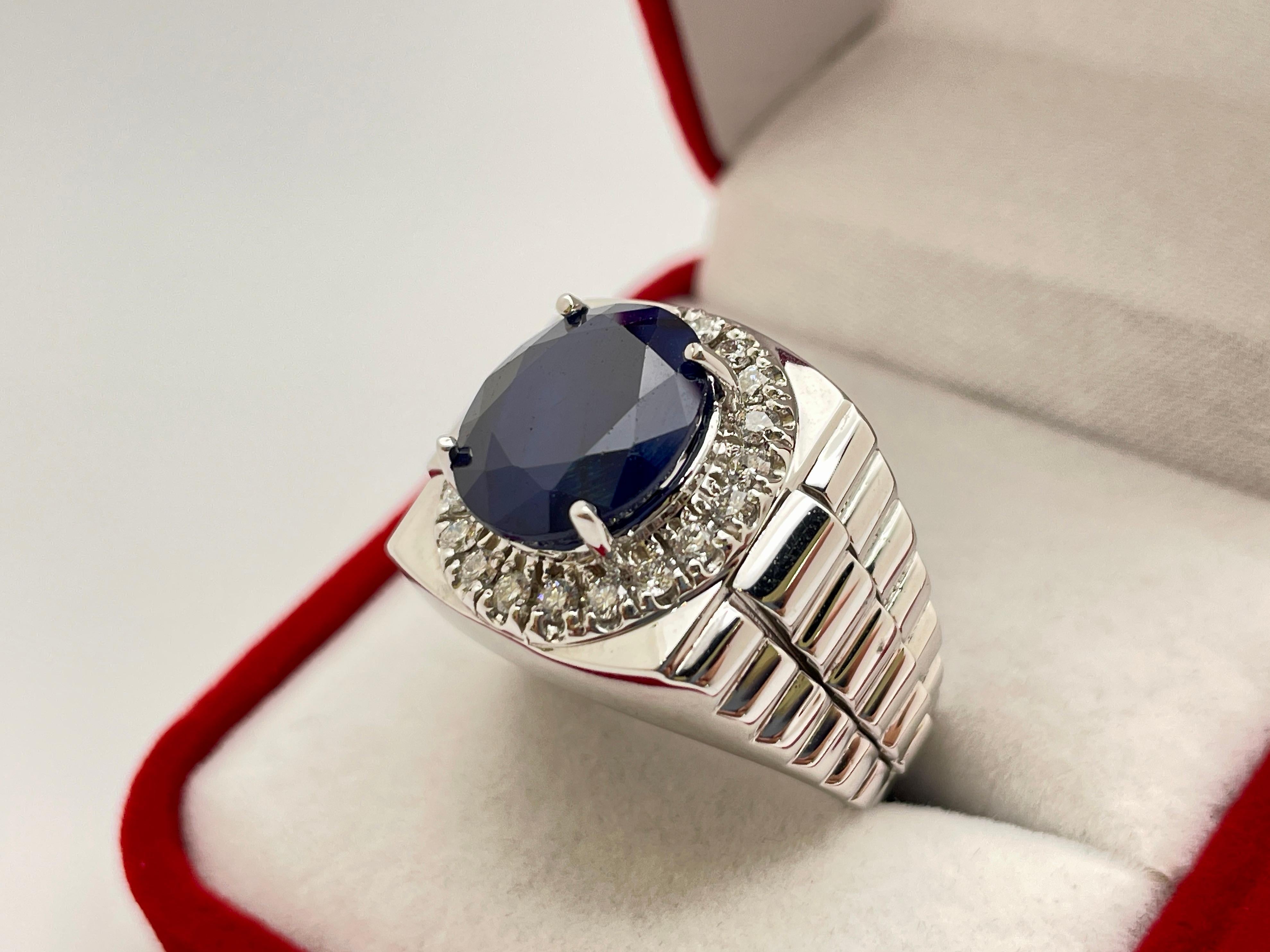 10 Carat Sapphire Diamond 14K White Gold Mens Ring For Sale 4