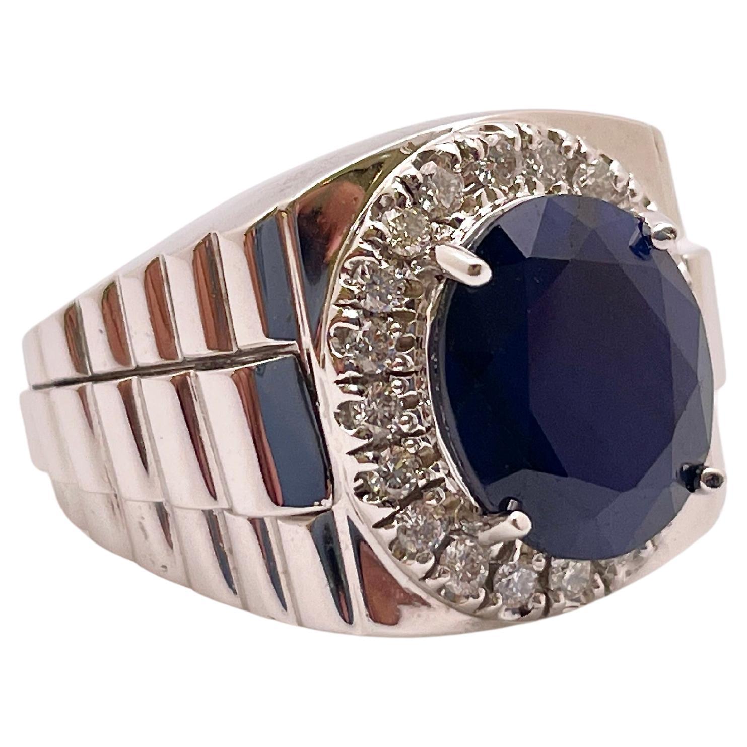 10 Carat Sapphire Diamond 14K White Gold Mens Ring