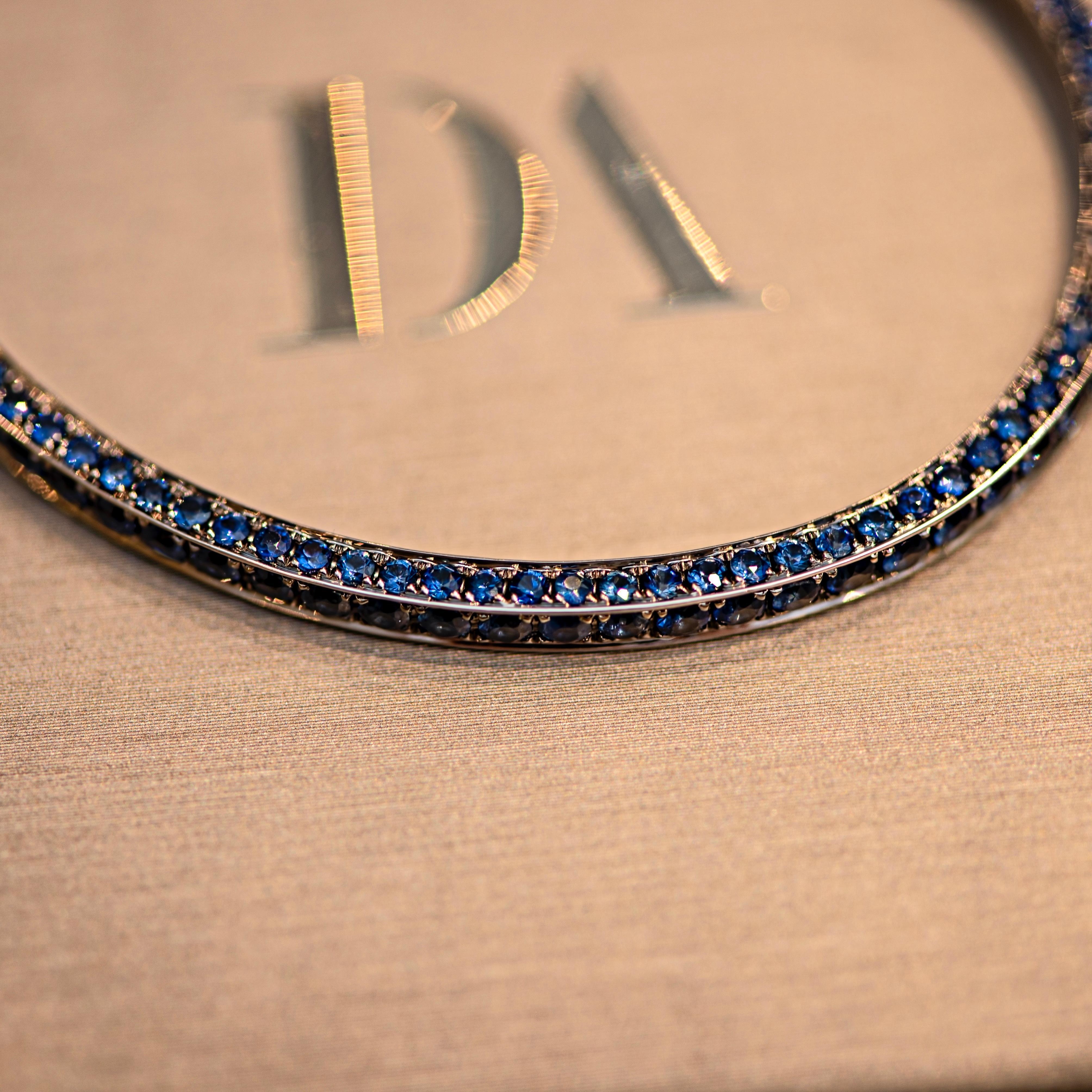 Do you like bangles? If yes, we have one very nice and airy option for you
Delicate elegant bangle with small intense blue sapphires in white gold are looking very elegant and stylish on the hand
This bracelet is on stock and ready to become