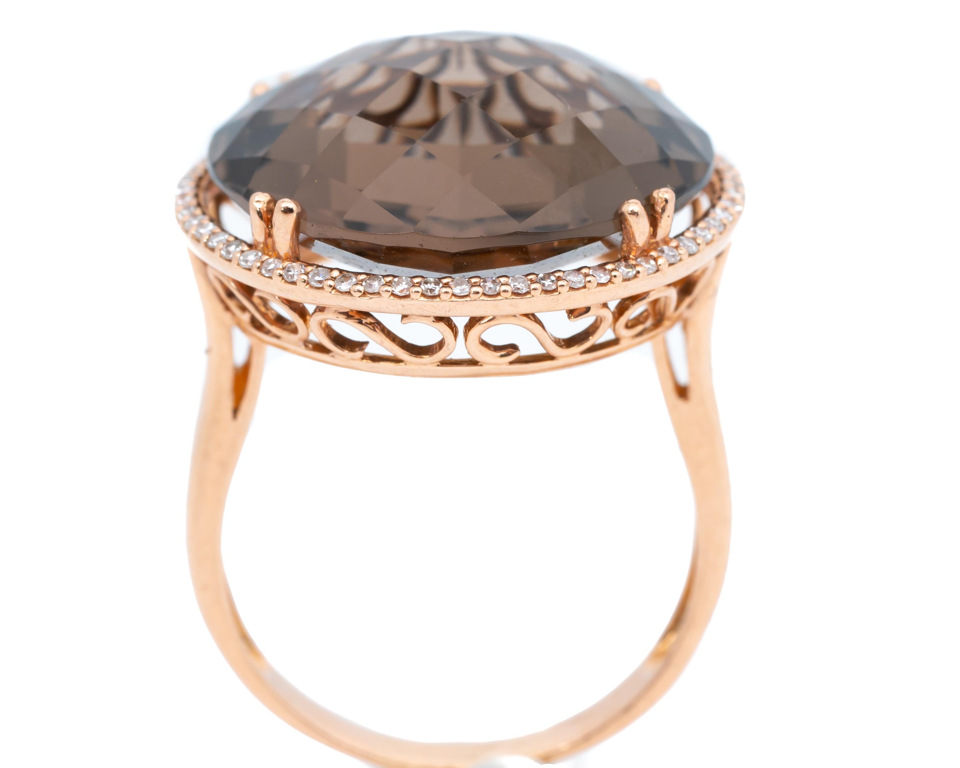 Beautifully crafted 14 karat rose gold ring featuring a stunning 10 carat smokey quartz and accent diamonds from the 1990s

Ring details:
Weight: 8.57g
Gold: 14 Karat rose gold
Size: 8.75 (can be resized)

Quartz Details: 10 Carats, Checkerboard