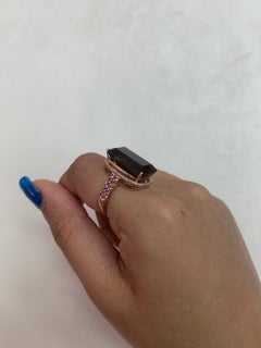 10 Carat Smoky Quartz with Pink Tourmaline and Diamond Ring in 14 Karat Gold