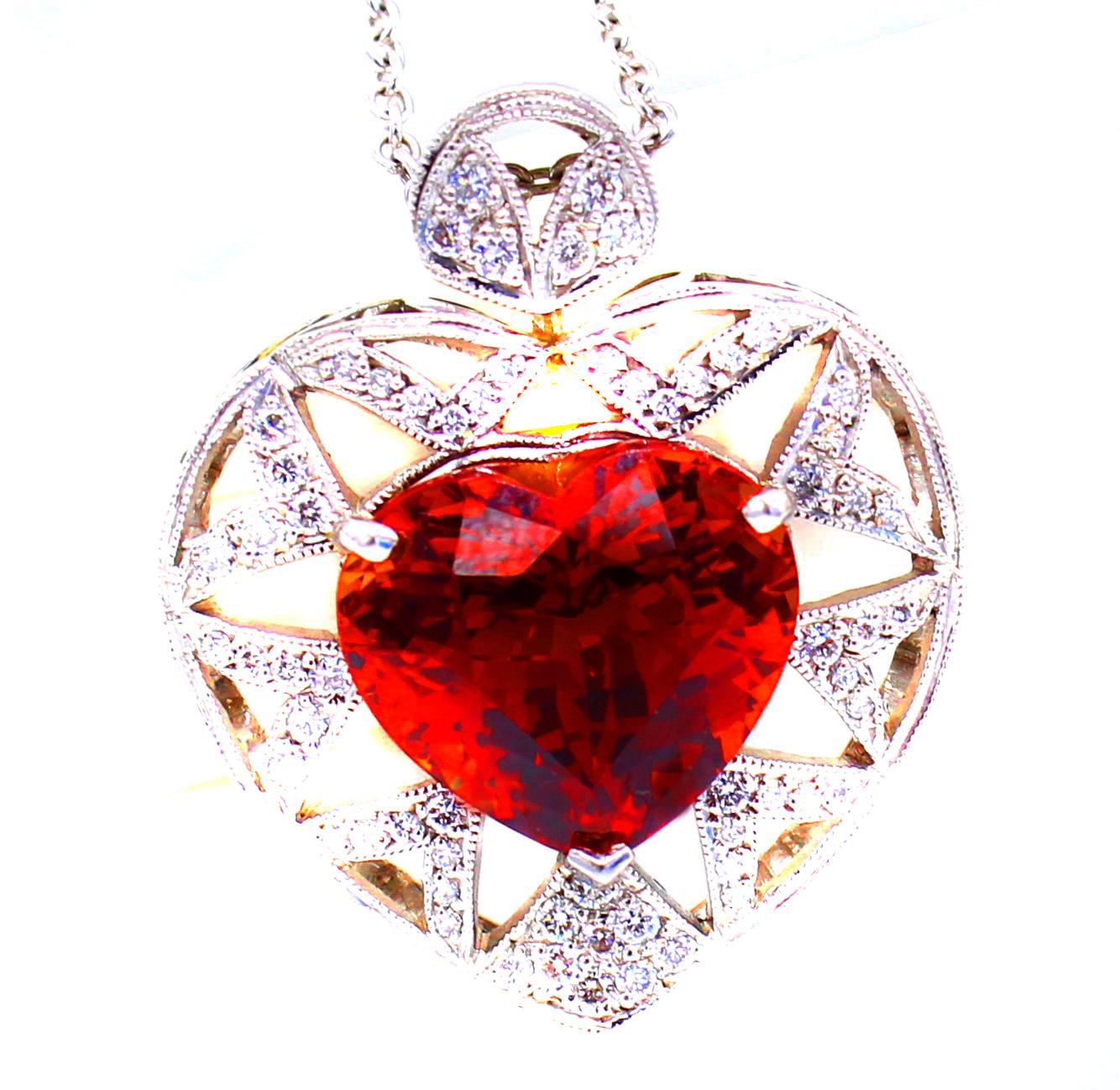 Heart Cut 10 Carat Spessartine Garnet Diamond Pendant Necklace