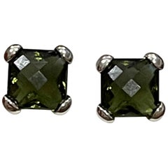 10 Carat Square Checker Board Green Tourmaline Earring 14 Karat White Gold 