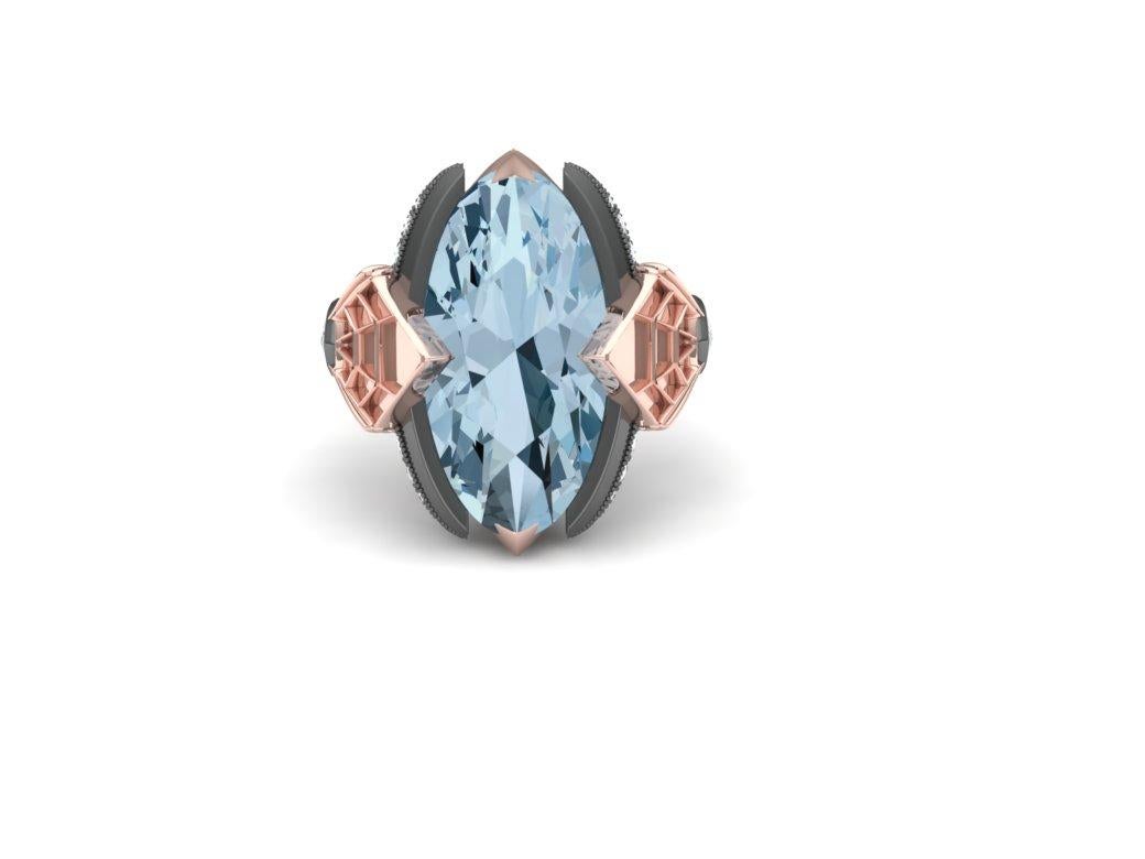 10 Carat Steel Blue Topaz and Diamond Rose Gold Ring Carpenter & Sons In Excellent Condition In Aliso Viejo, CA