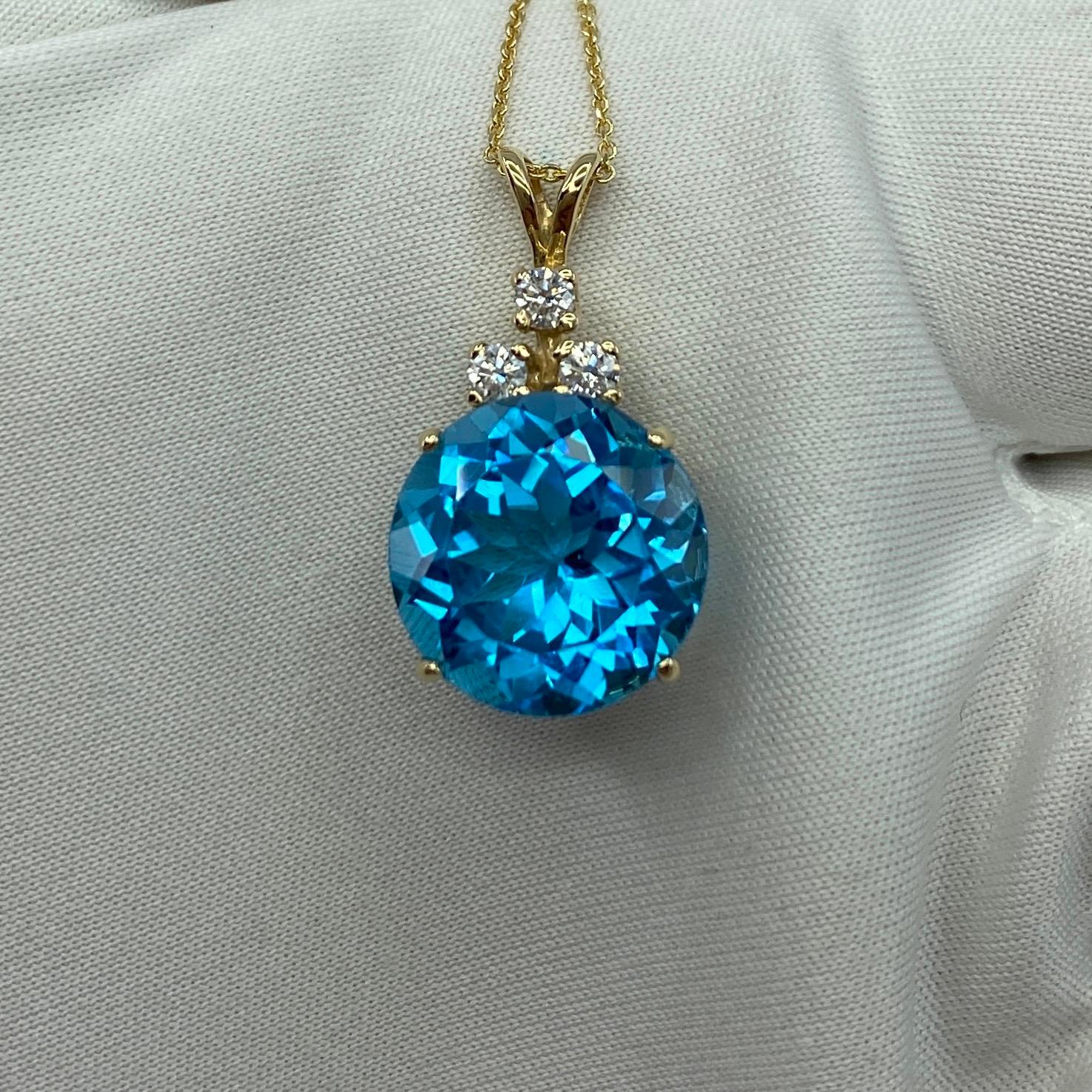 10 Carat Swiss Blue Topaz & Diamond Yellow Gold Pendant Necklace Round Cut 1