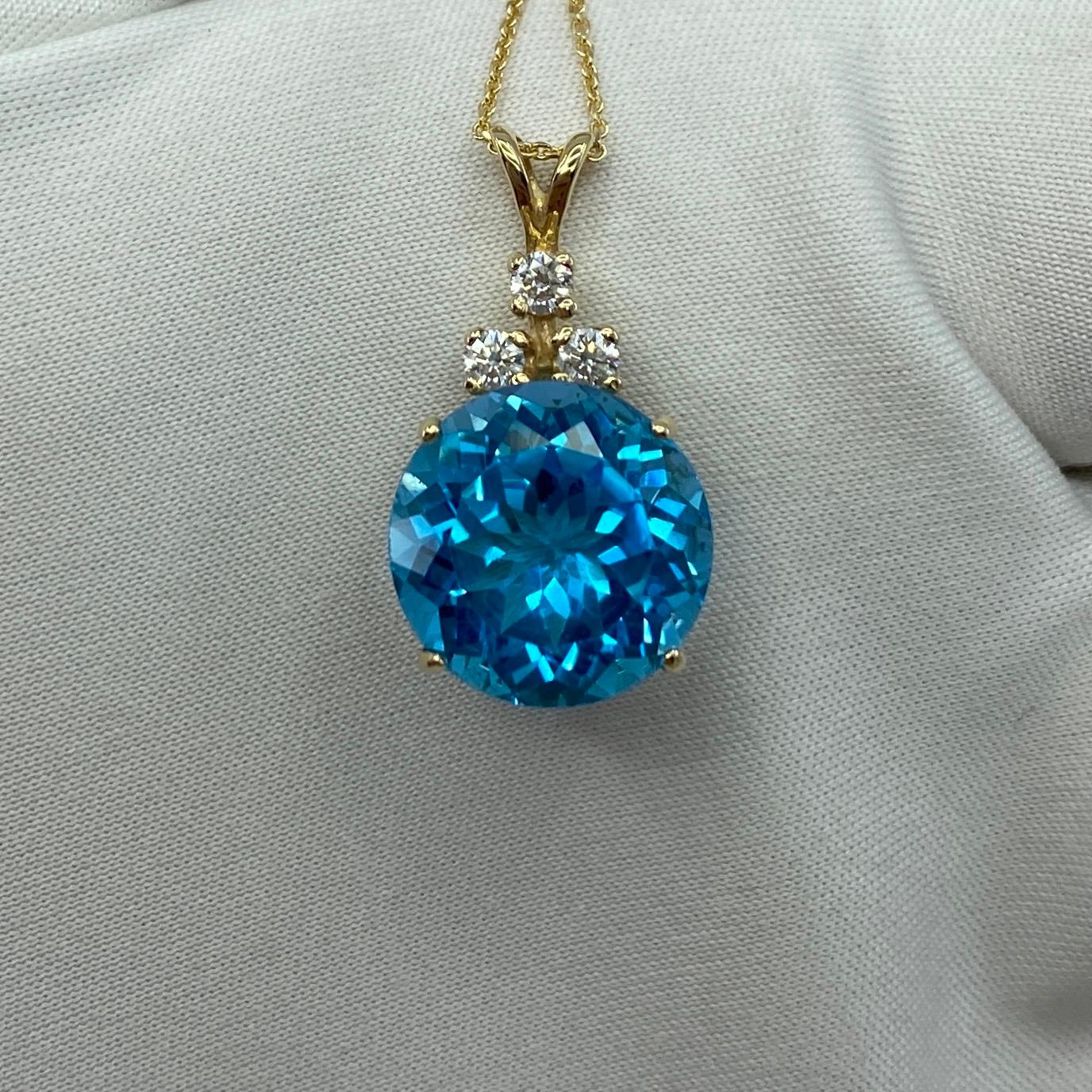 10 Carat Swiss Blue Topaz & Diamond Yellow Gold Pendant Necklace Round Cut 2